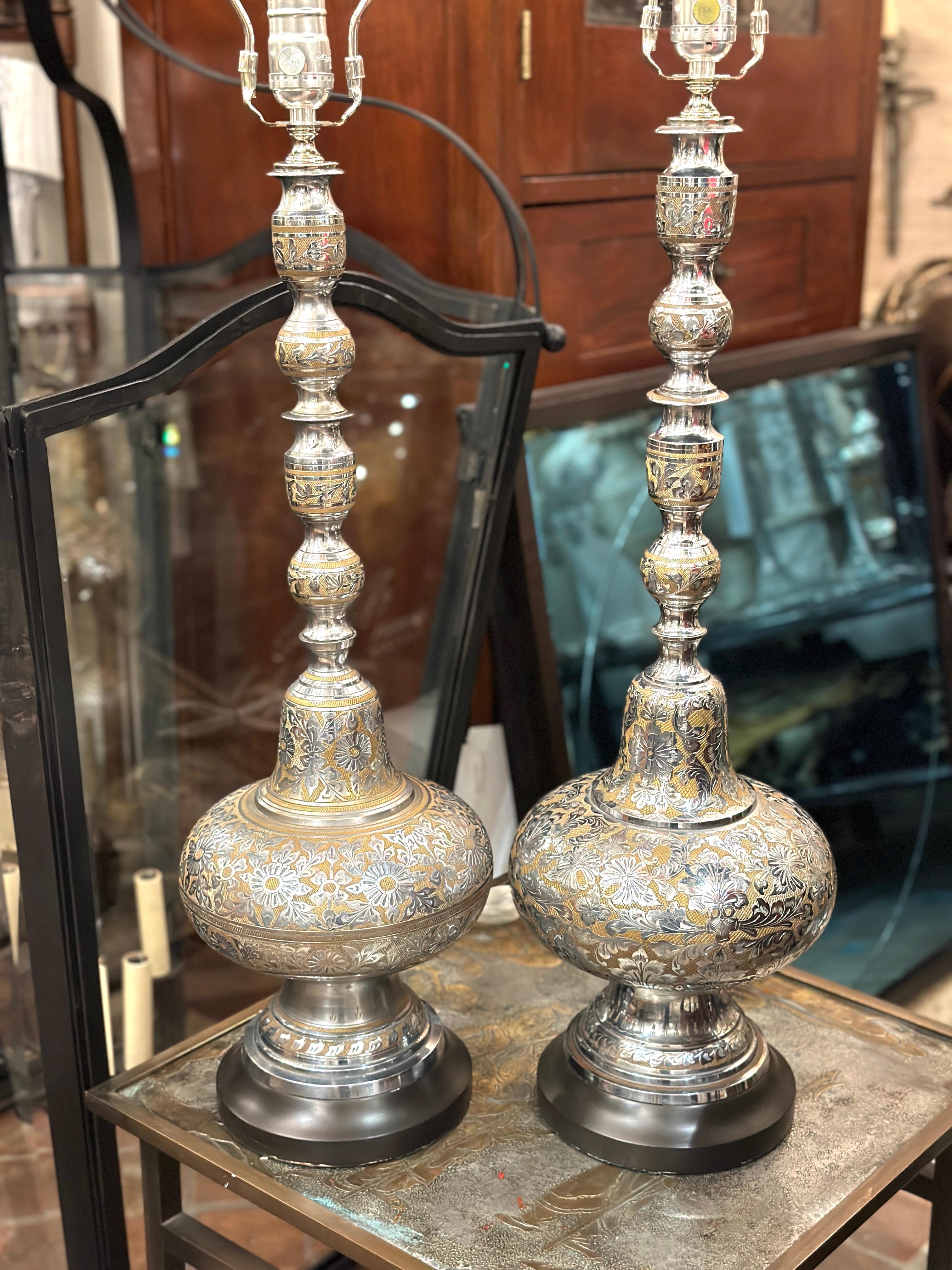 Mid-20th Century Pair of Etched Metal Lamps For Sale