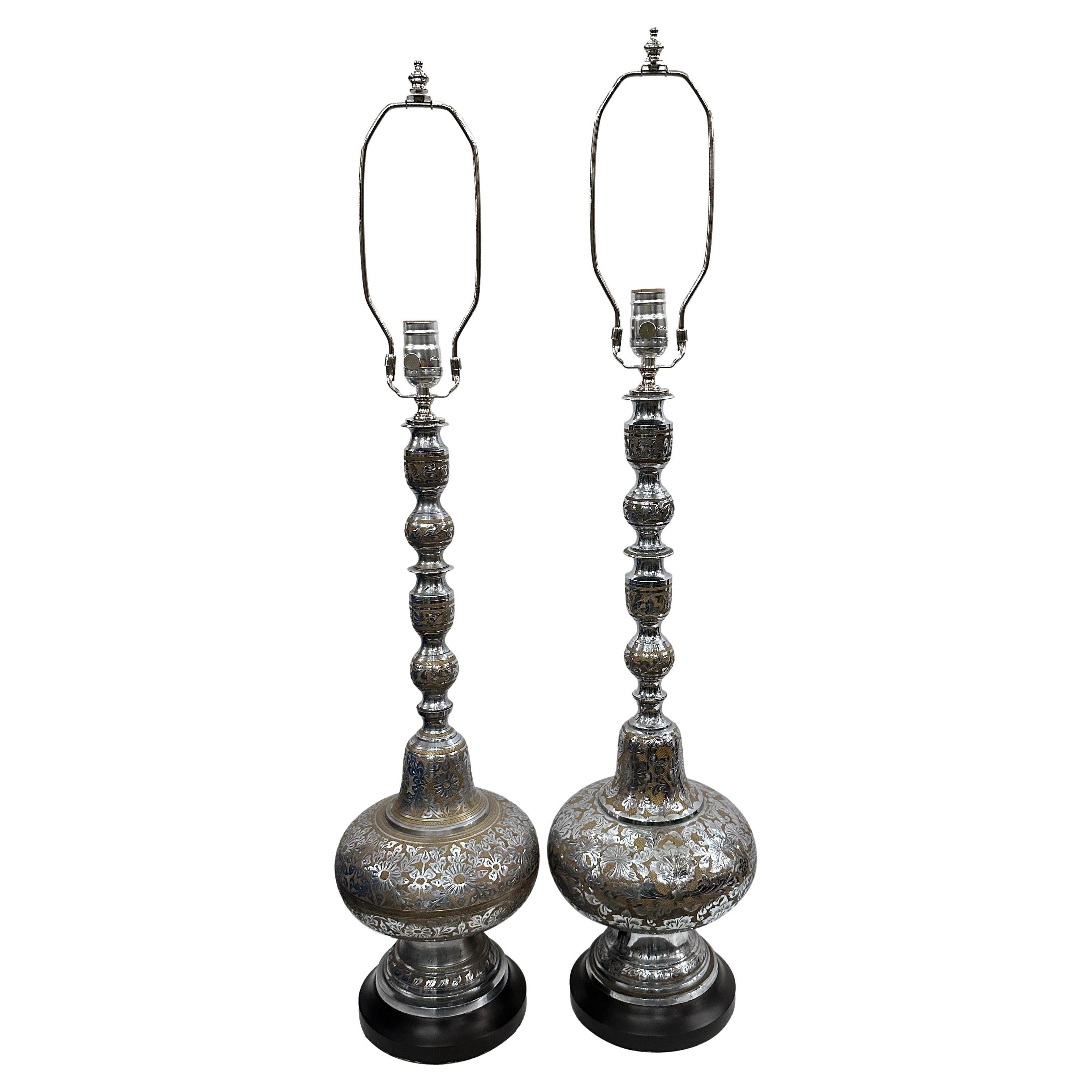 Pair of Etched Metal Lamps For Sale