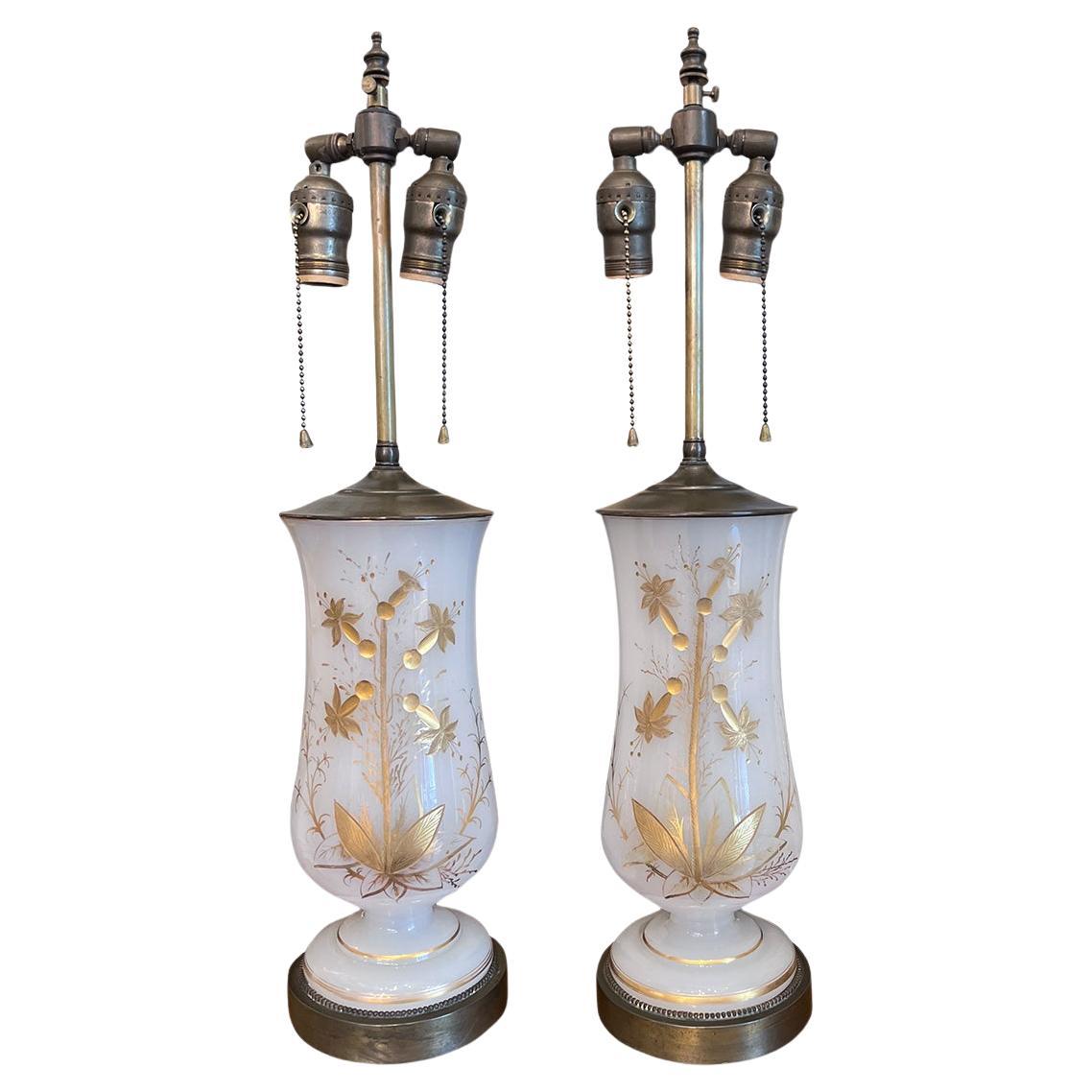 Pair of Etched Milk Glass Lamps