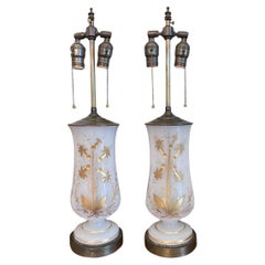 Pair of Etched Milk Glass Lamps