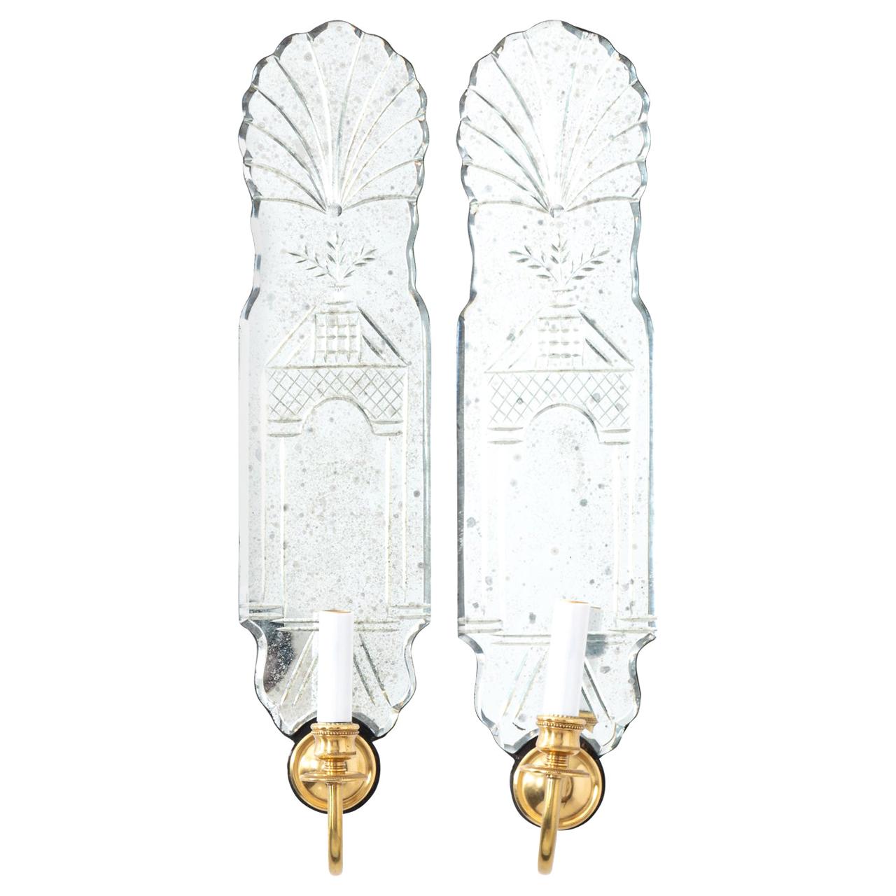 Pair of Etched Mirror Back Sconces