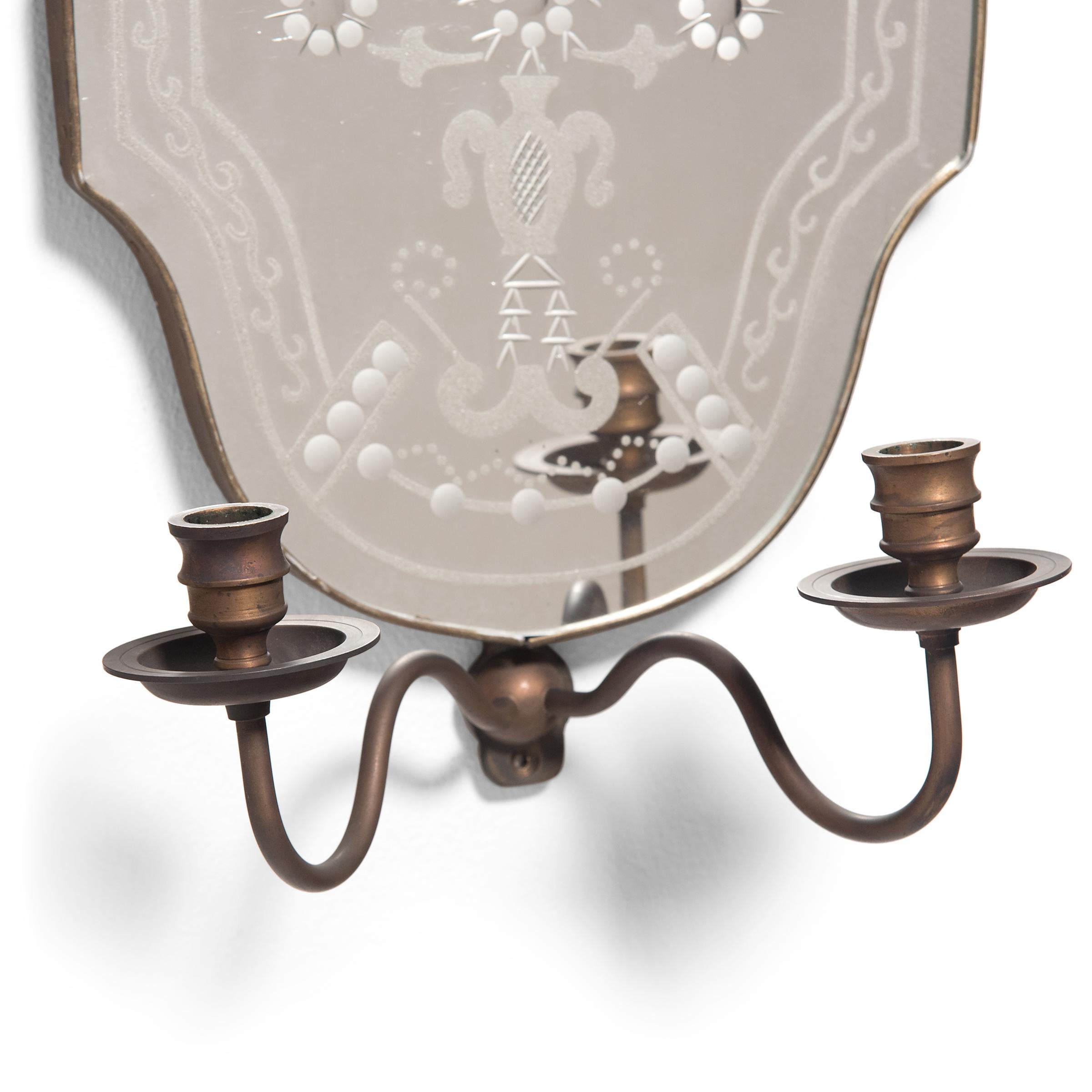 English Pair of Etched Mirror Candle Sconces