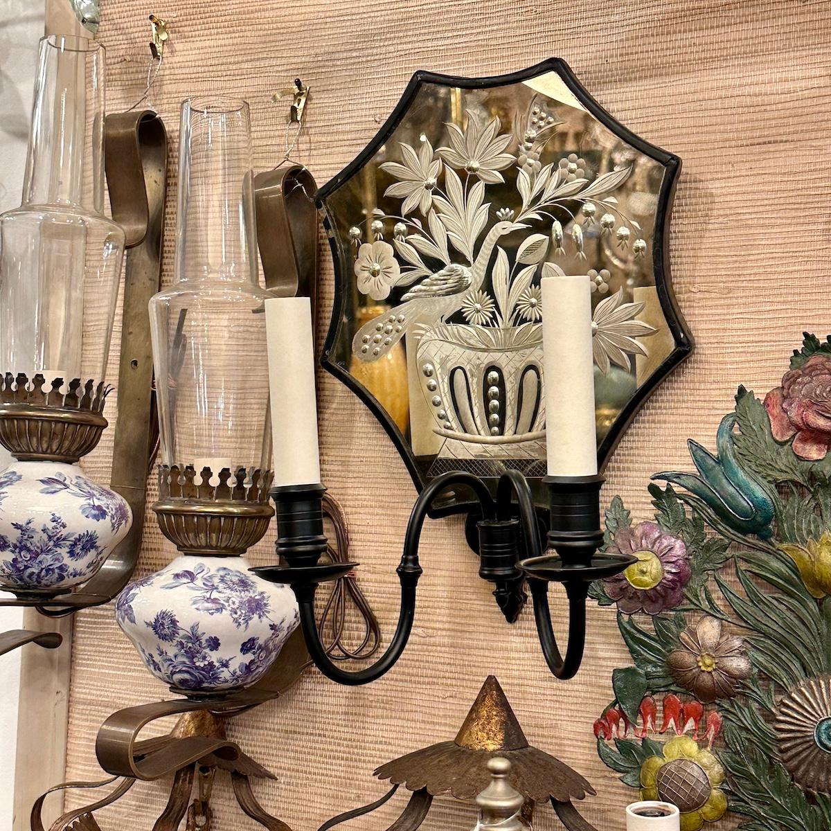 Pair of Etched Mirror Sconces For Sale 6