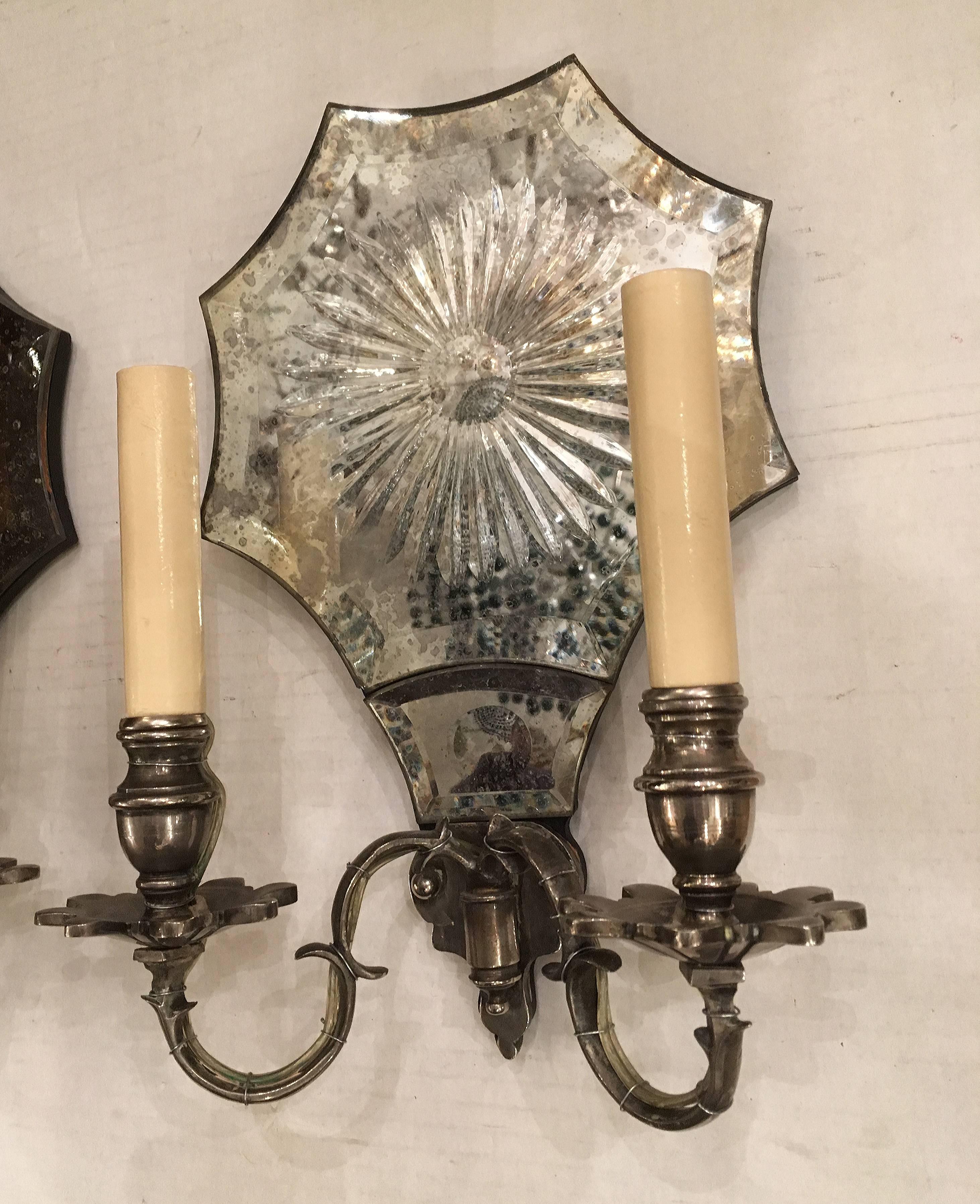 Pair of Etched Mirror Sconces In Excellent Condition In New York, NY