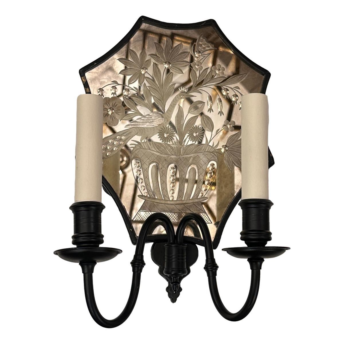American Pair of Etched Mirror Sconces For Sale