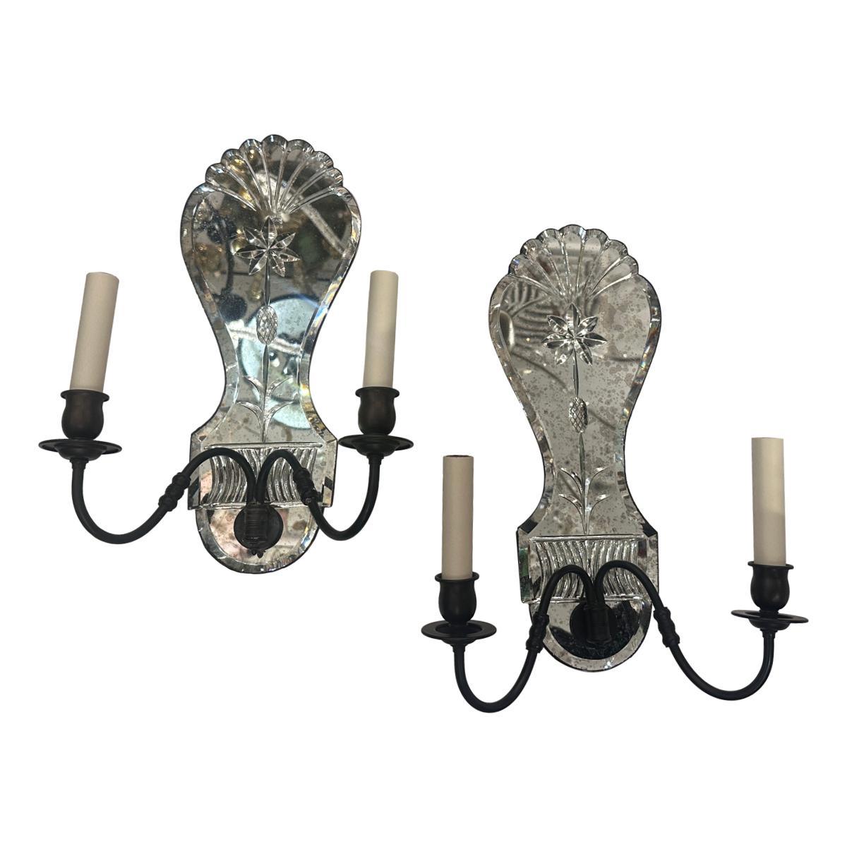 English Pair of Etched Mirror Sconces For Sale