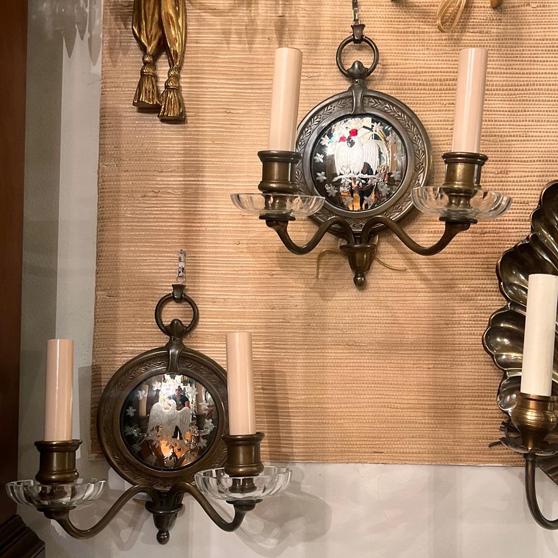 Early 20th Century Pair of Etched Mirror Sconces For Sale