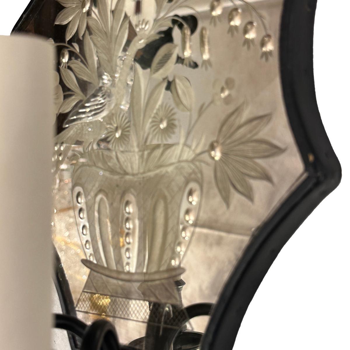 Pair of Etched Mirror Sconces For Sale 1