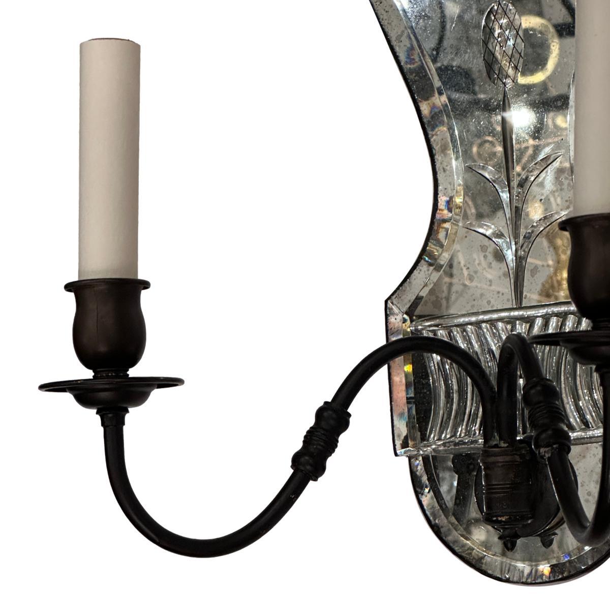 Pair of Etched Mirror Sconces For Sale 1