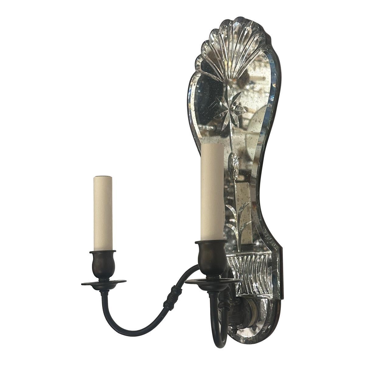 Pair of Etched Mirror Sconces For Sale 2