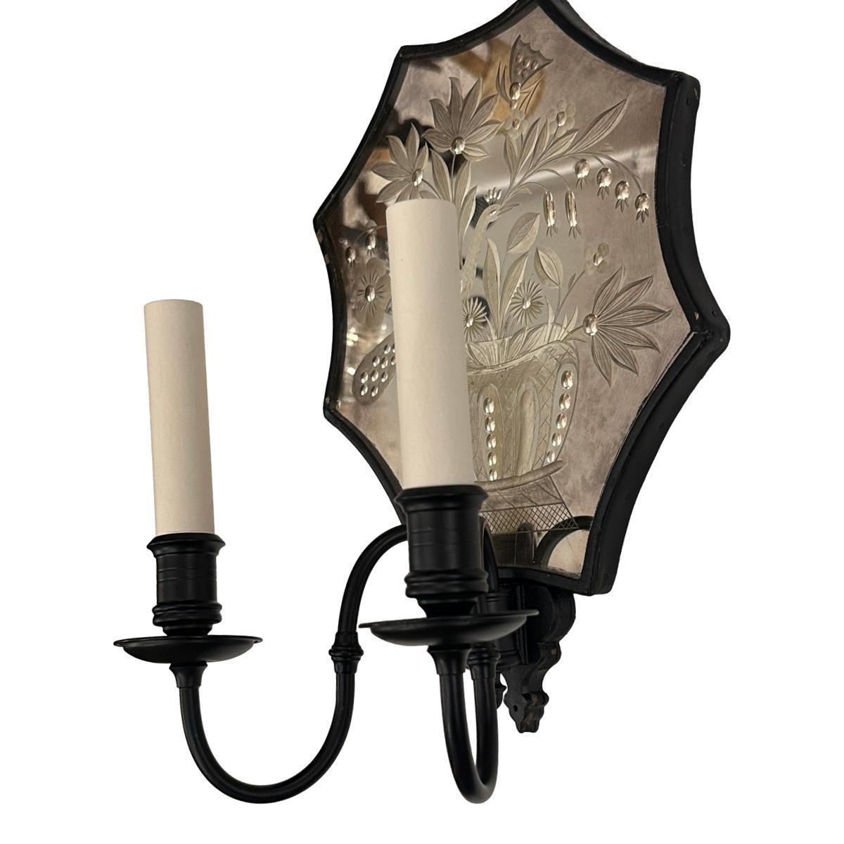 Pair of Etched Mirror Sconces For Sale 3