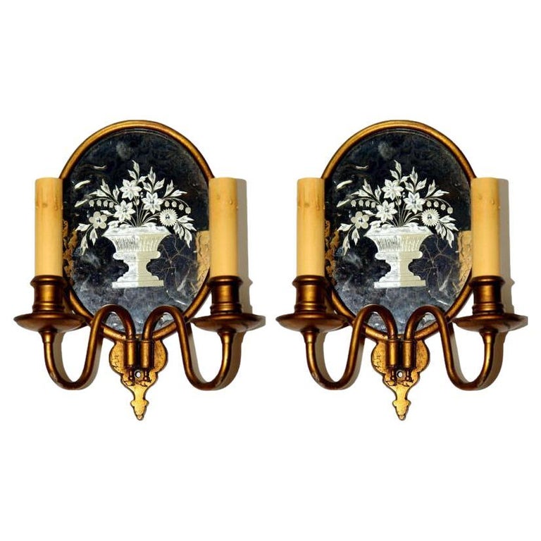 Pair of Etched Mirror Sconces, 1920s