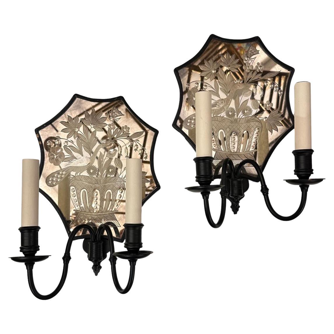 Pair of Etched Mirror Sconces For Sale