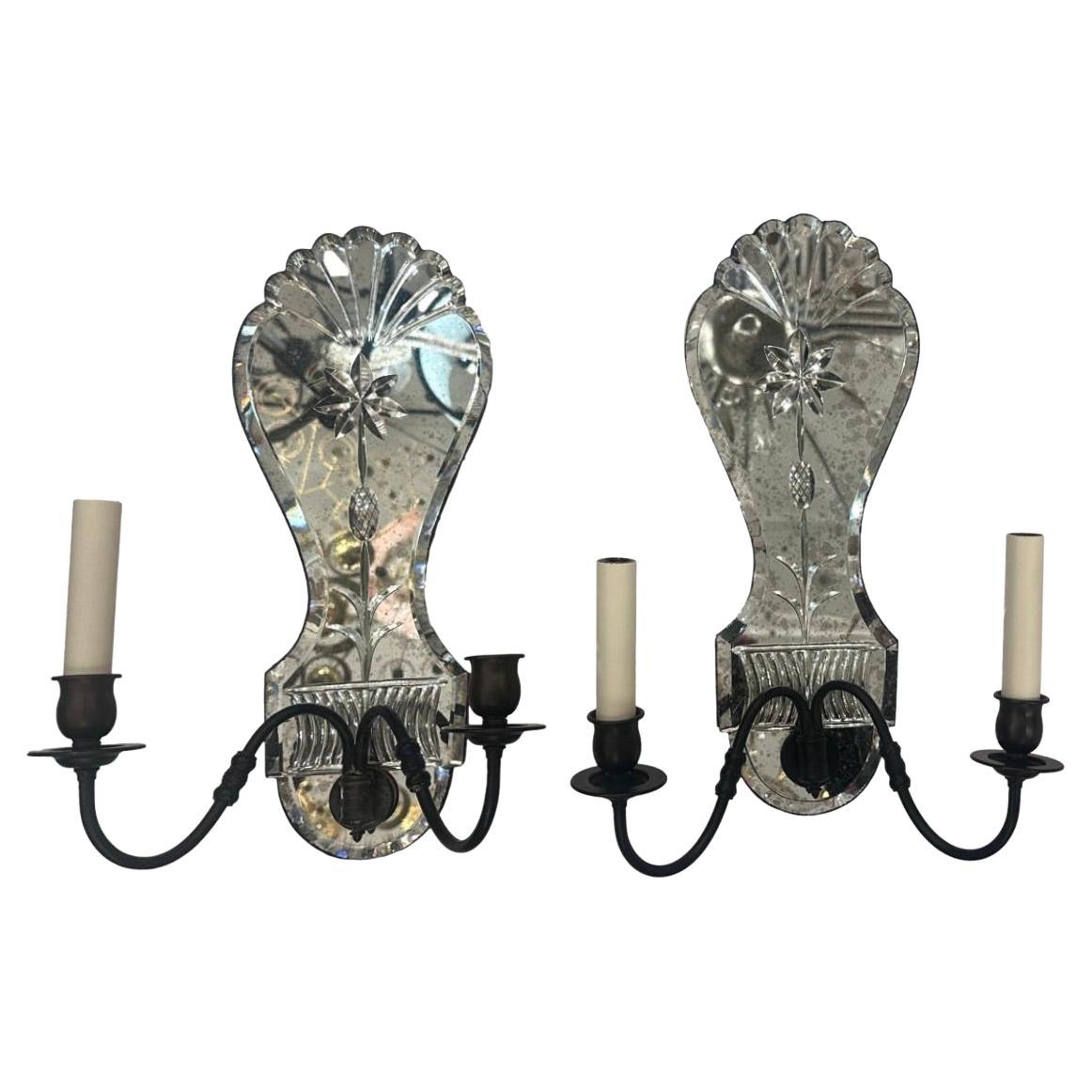 Pair of Etched Mirror Sconces