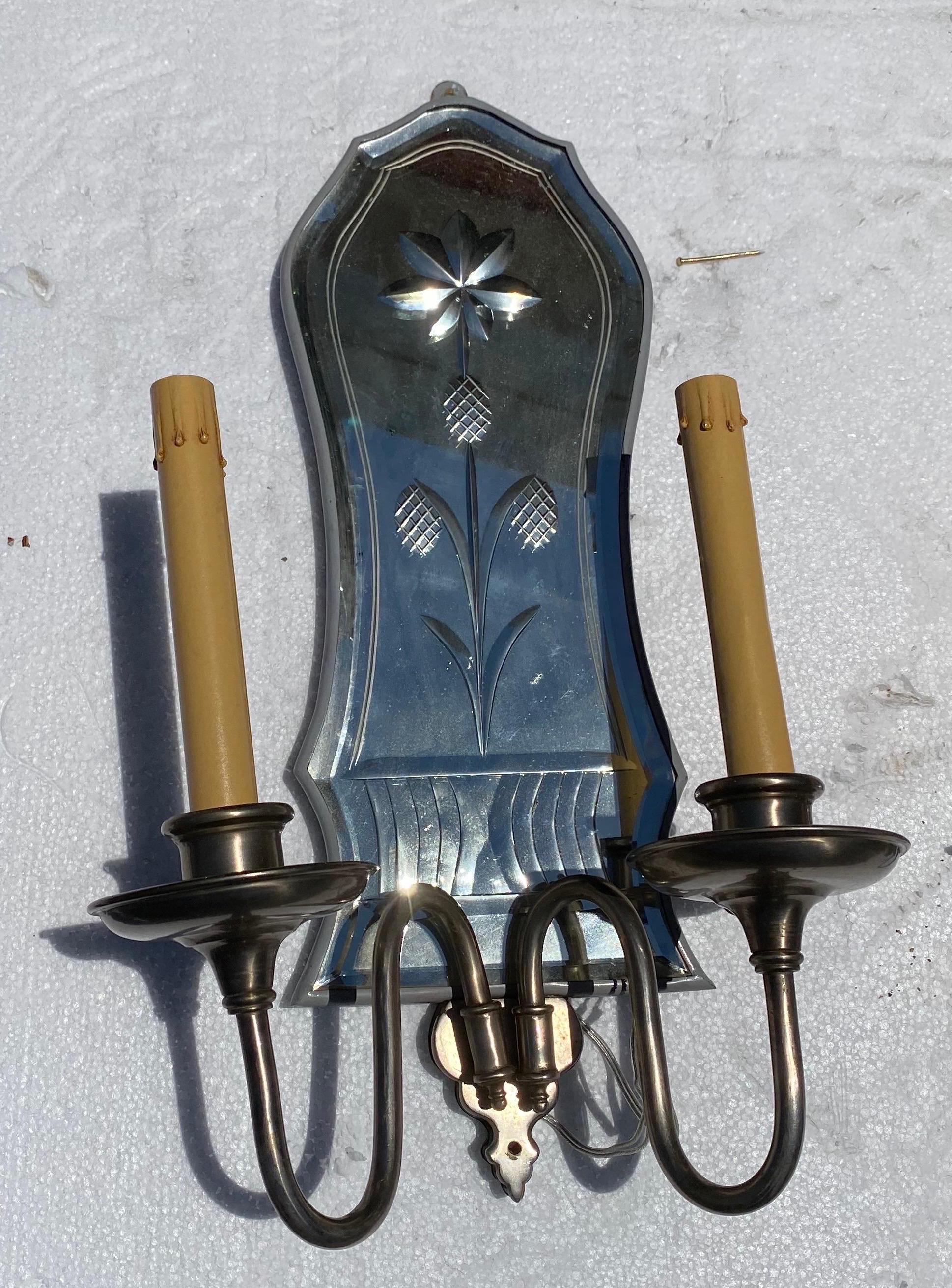 Pair of Etched Mirrored 2 Light Sconces In Good Condition In Charleston, SC