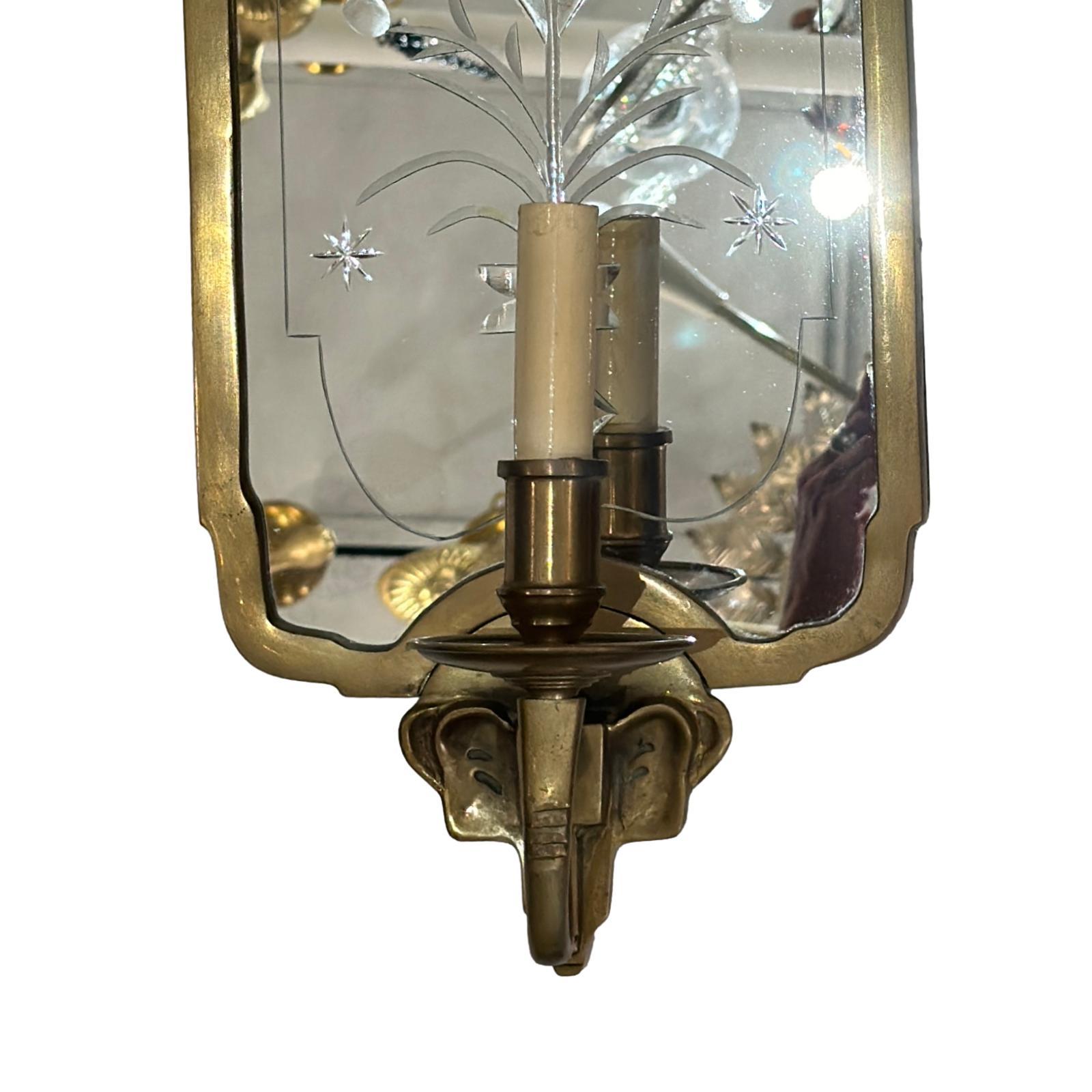 English Pair of Etched Mirrored Sconces For Sale
