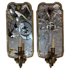 Pair of Etched Mirrored Sconces