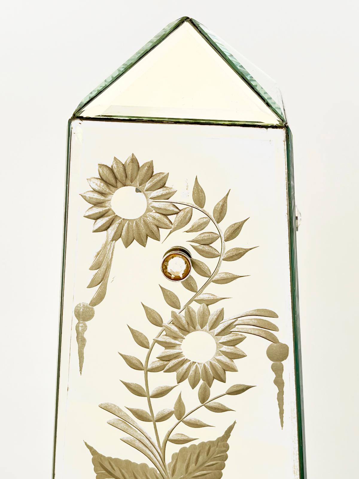 Italian Pair of Etched Venetian Glass Style Obelisks For Sale