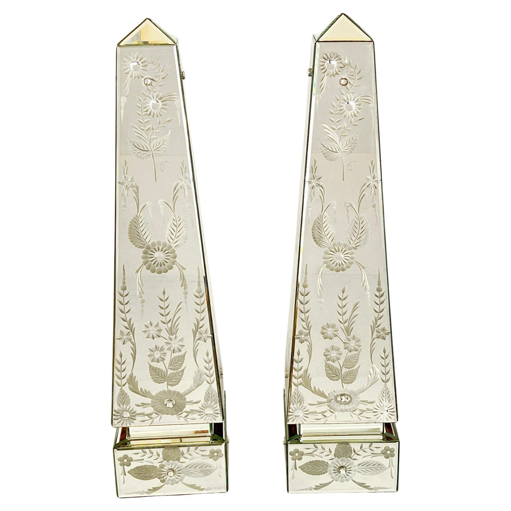 Pair of Etched Venetian Glass Style Obelisks For Sale