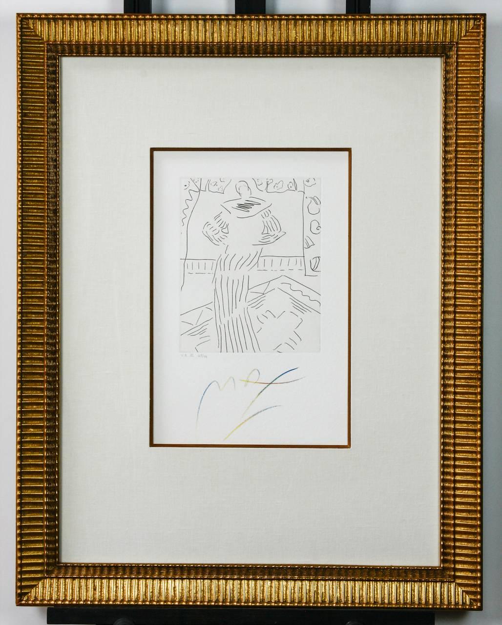 Fantastic pair of rare framed etchings by Peter Max (American b. 1937) V3 X and XI. In the manner of Picasso each color pencil signed lower center and titled lower left 63 of 99. Mounted in gilt frames bordered in white linen. Etchings V3 IX and XII