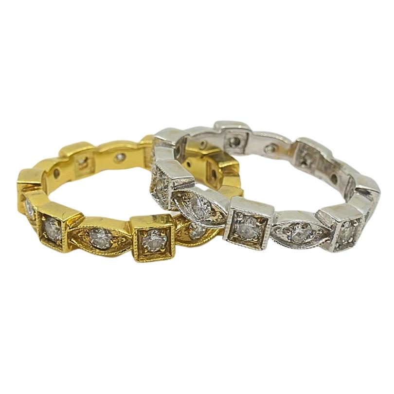 Round Cut Pair of Eternity Rings White and Yellow Gold Diamond For Sale