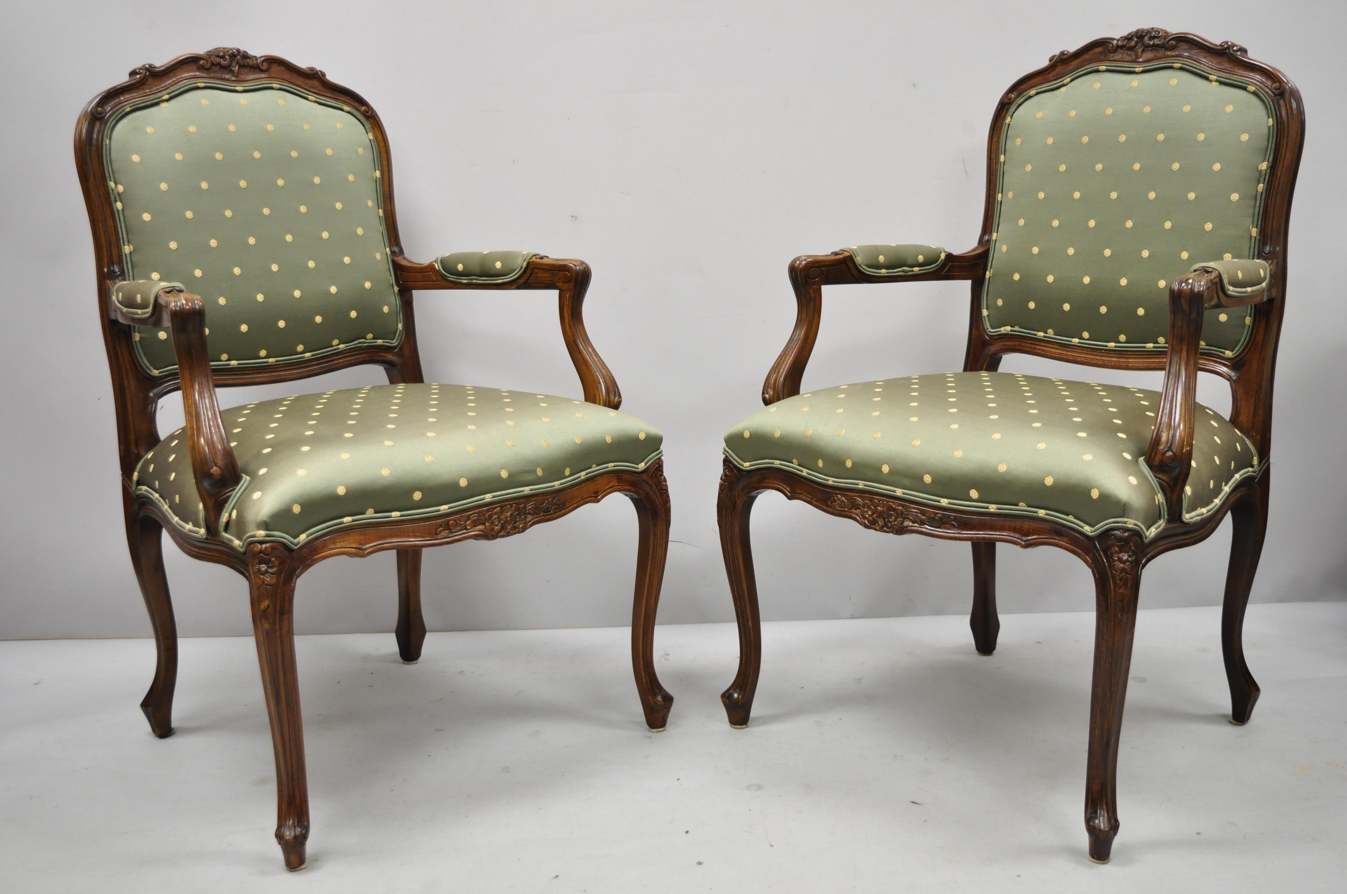 Pair of Ethan Allen French Louis XV Style Green Upholstered Armchairs 1