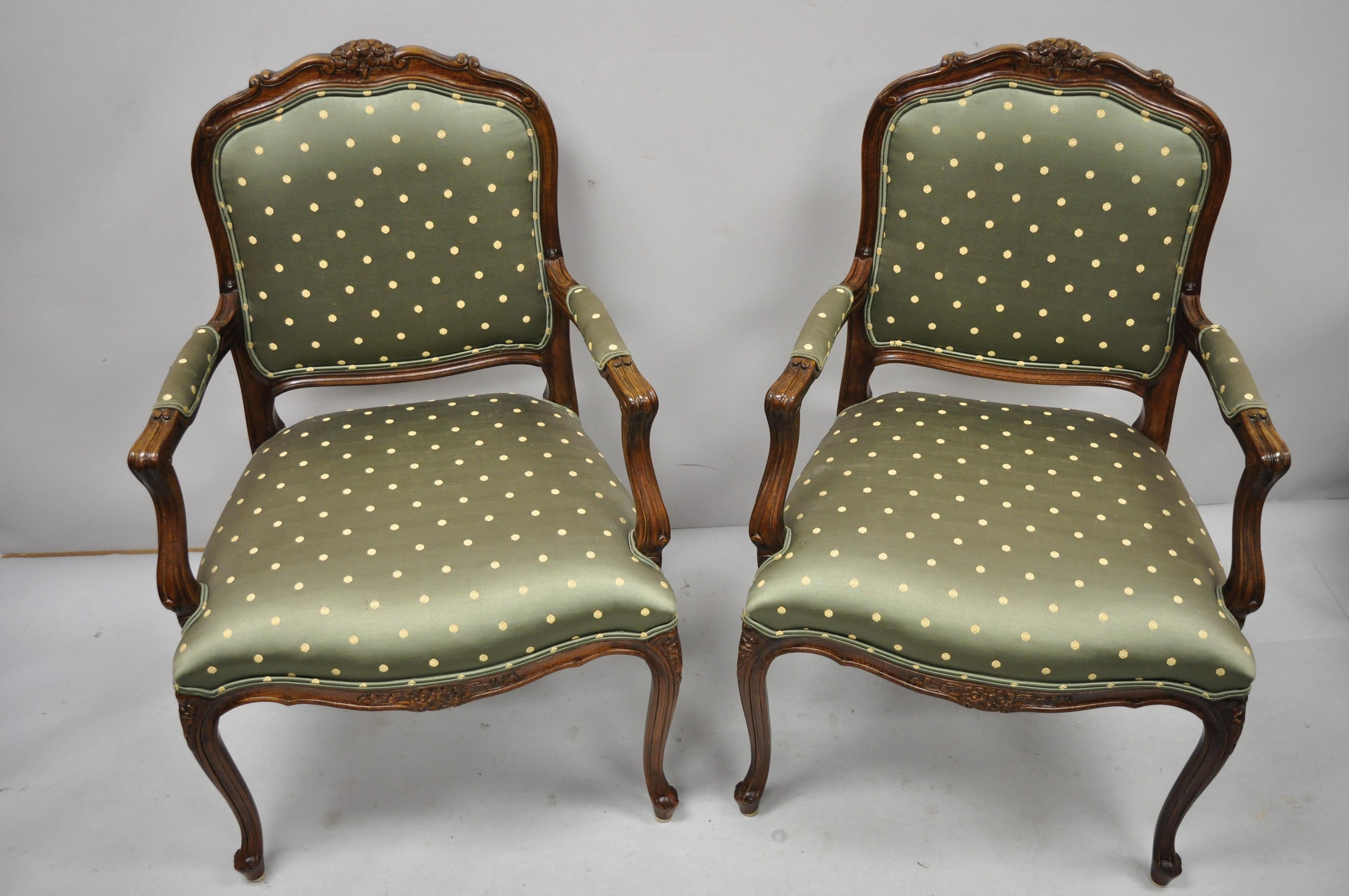 Pair of Ethan Allen French Louis XV style green upholstered armchairs. Listing solid wood frame, beautiful wood grain, upholstered arm rests, nicely carved details, original labels, cabriole legs quality American craftsmanship, great style and form,