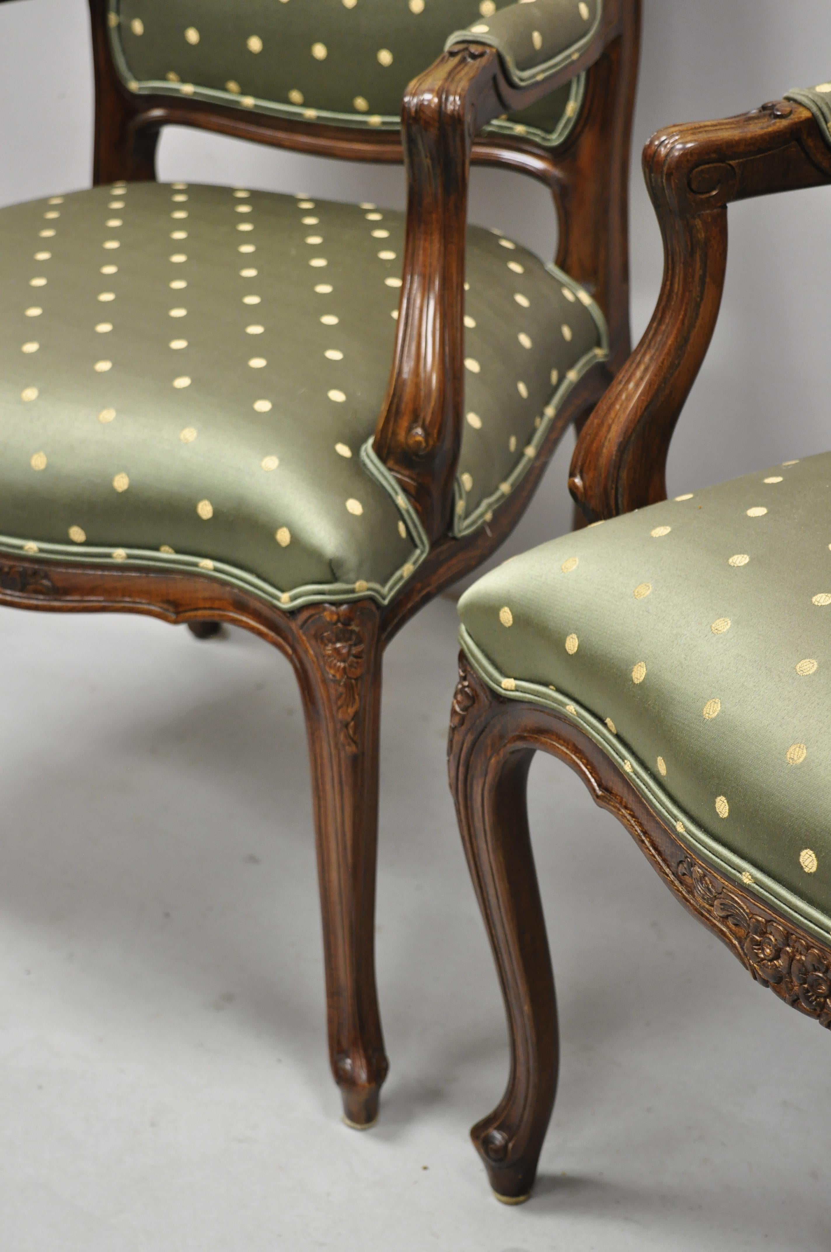 American Pair of Ethan Allen French Louis XV Style Green Upholstered Armchairs