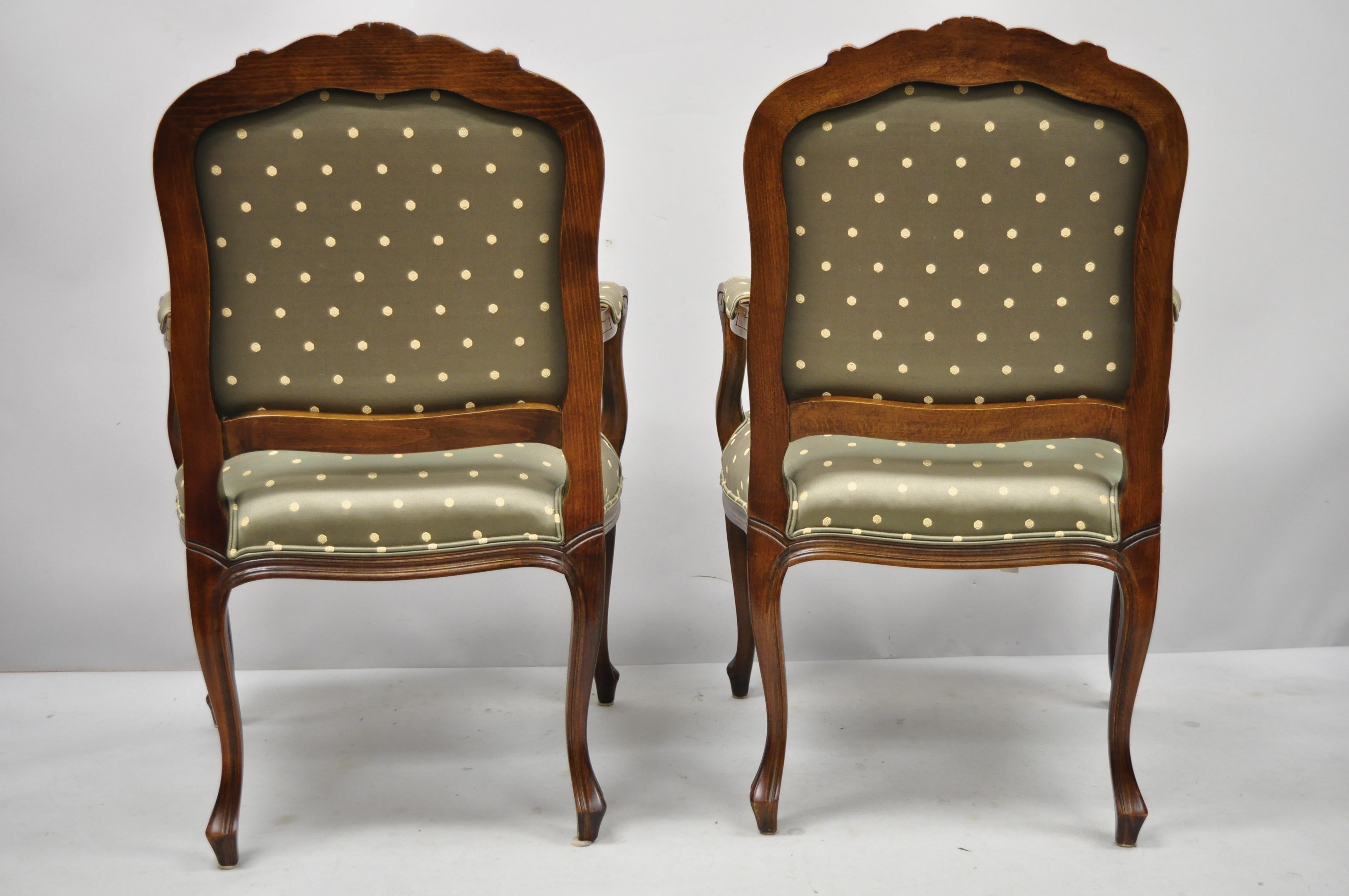 Fabric Pair of Ethan Allen French Louis XV Style Green Upholstered Armchairs