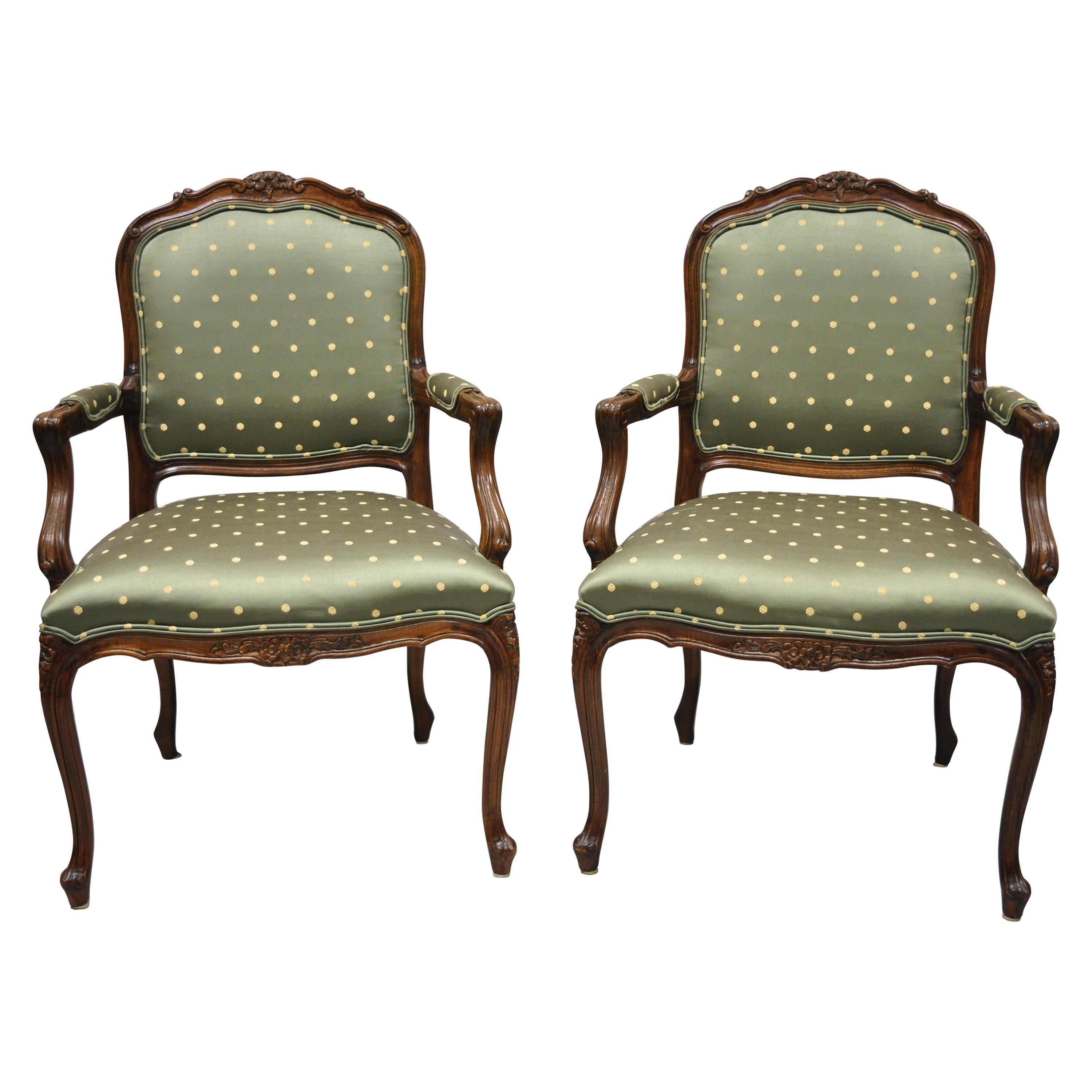Pair of Ethan Allen French Louis XV Style Green Upholstered Armchairs