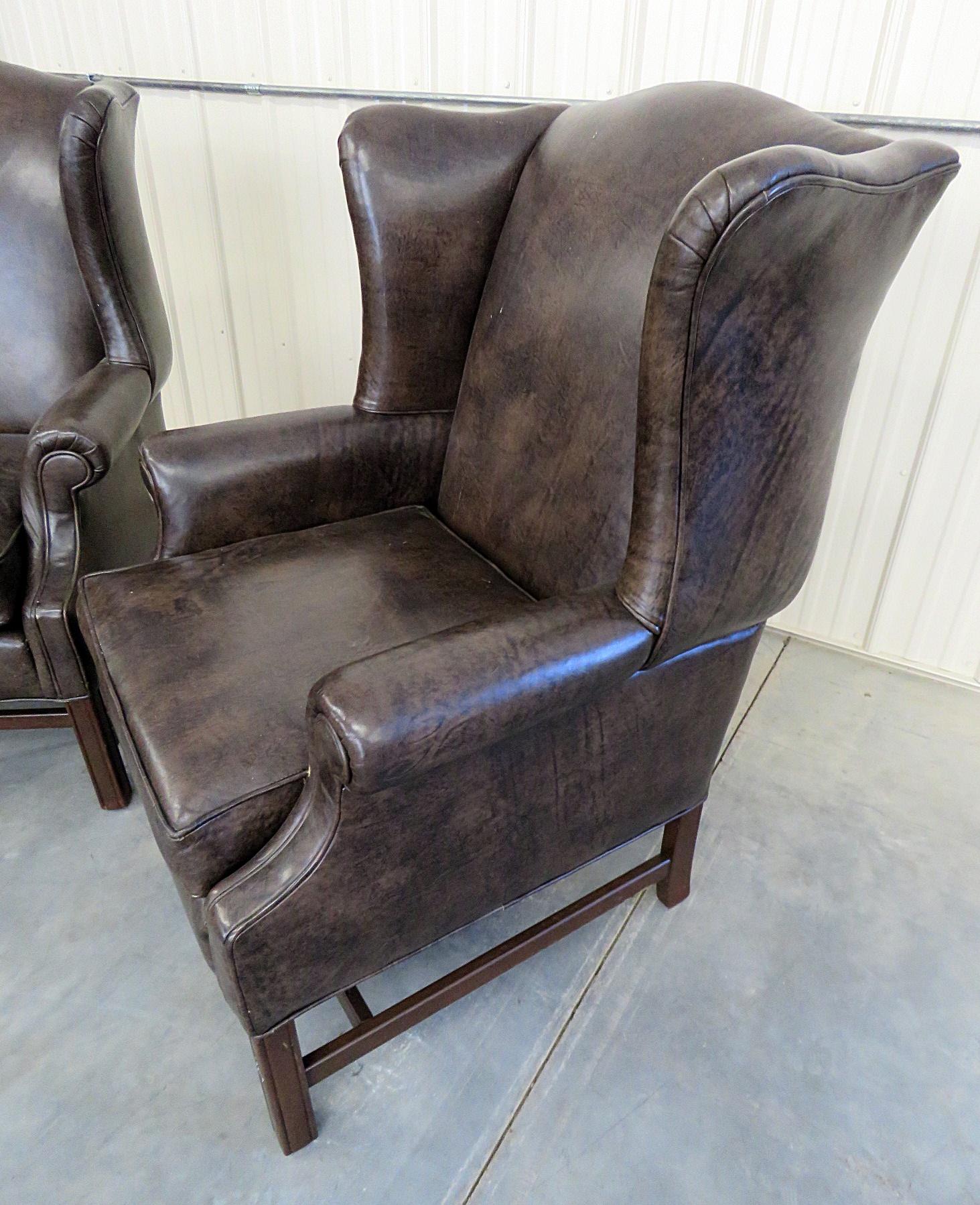 Modern Pair of Ethan Allen Leather Wingback Chairs