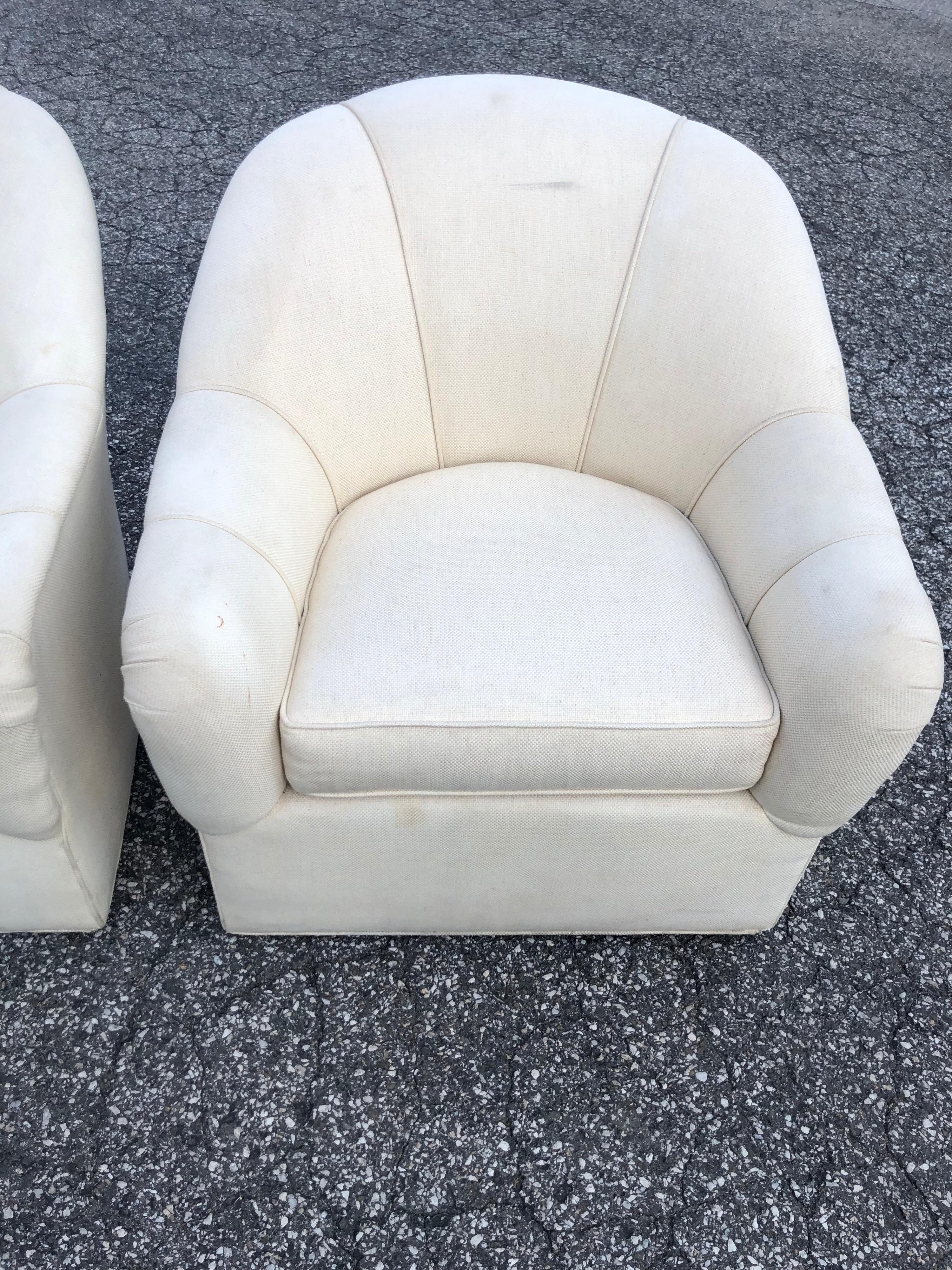 Contemporary Pair of Ethan Allen Linen Swivel Club Chairs