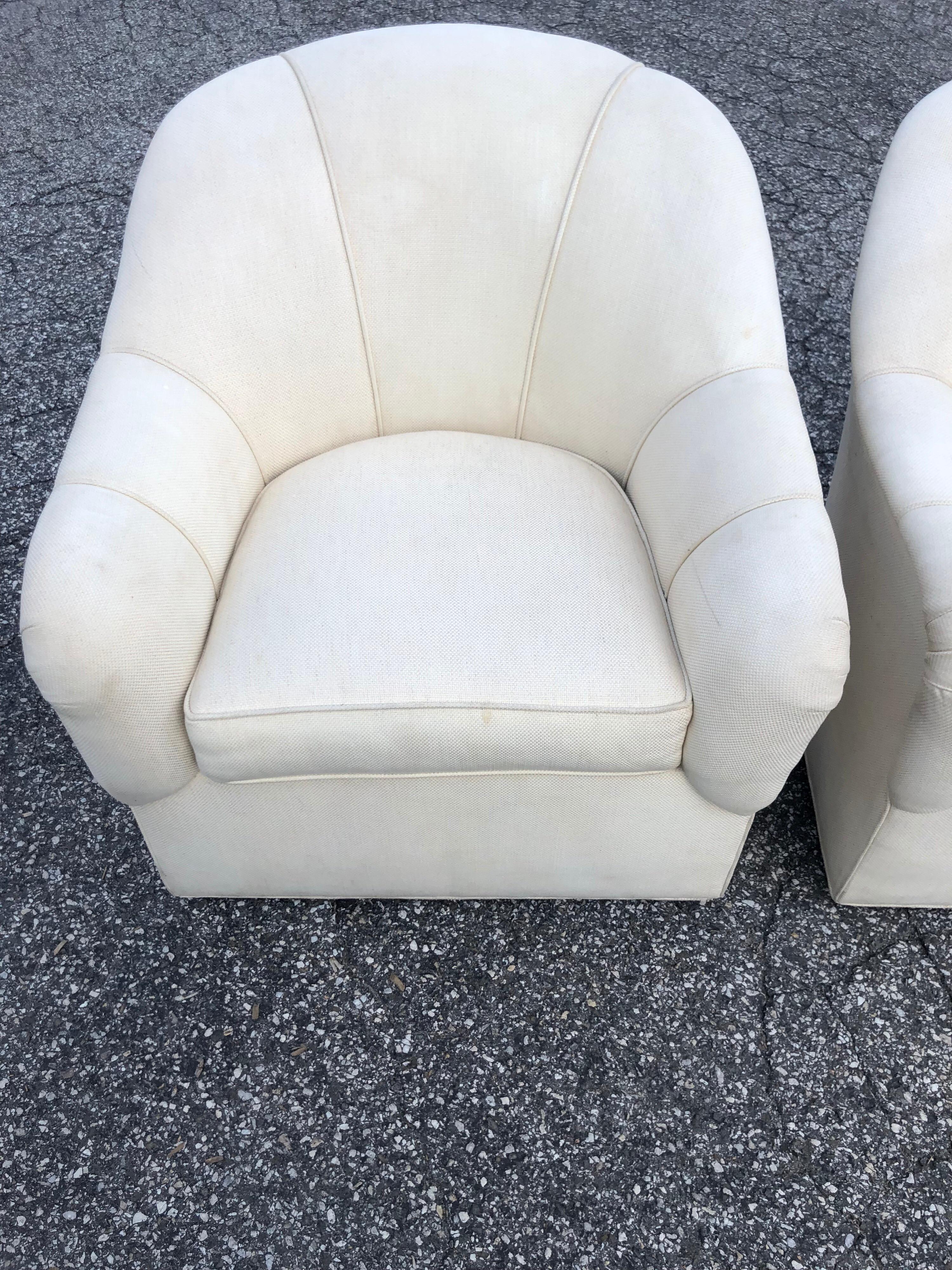 Pair of Ethan Allen Linen Swivel Club Chairs 1