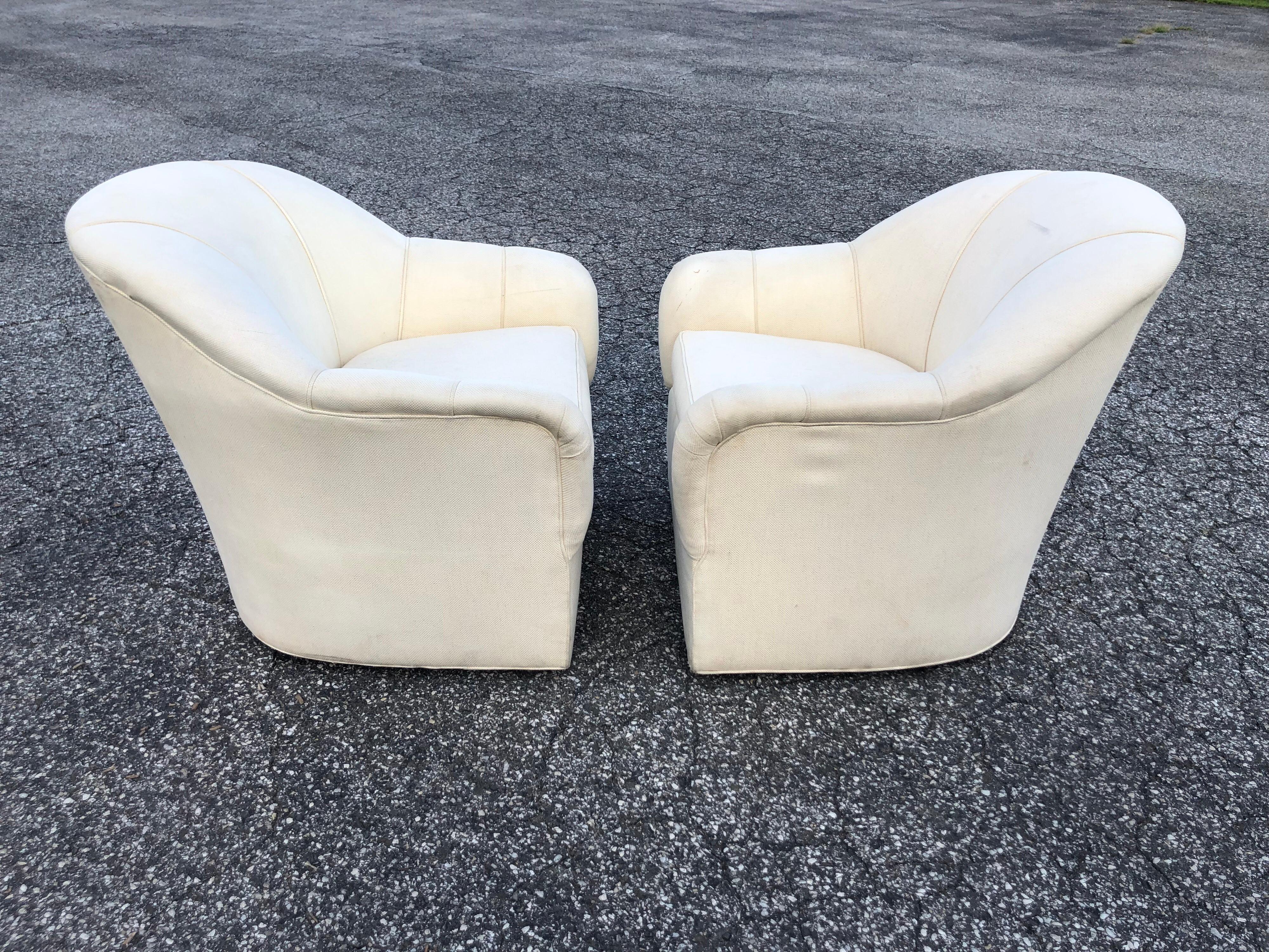 Hollywood Regency Pair of Ethan Allen Linen Swivel Club Chairs