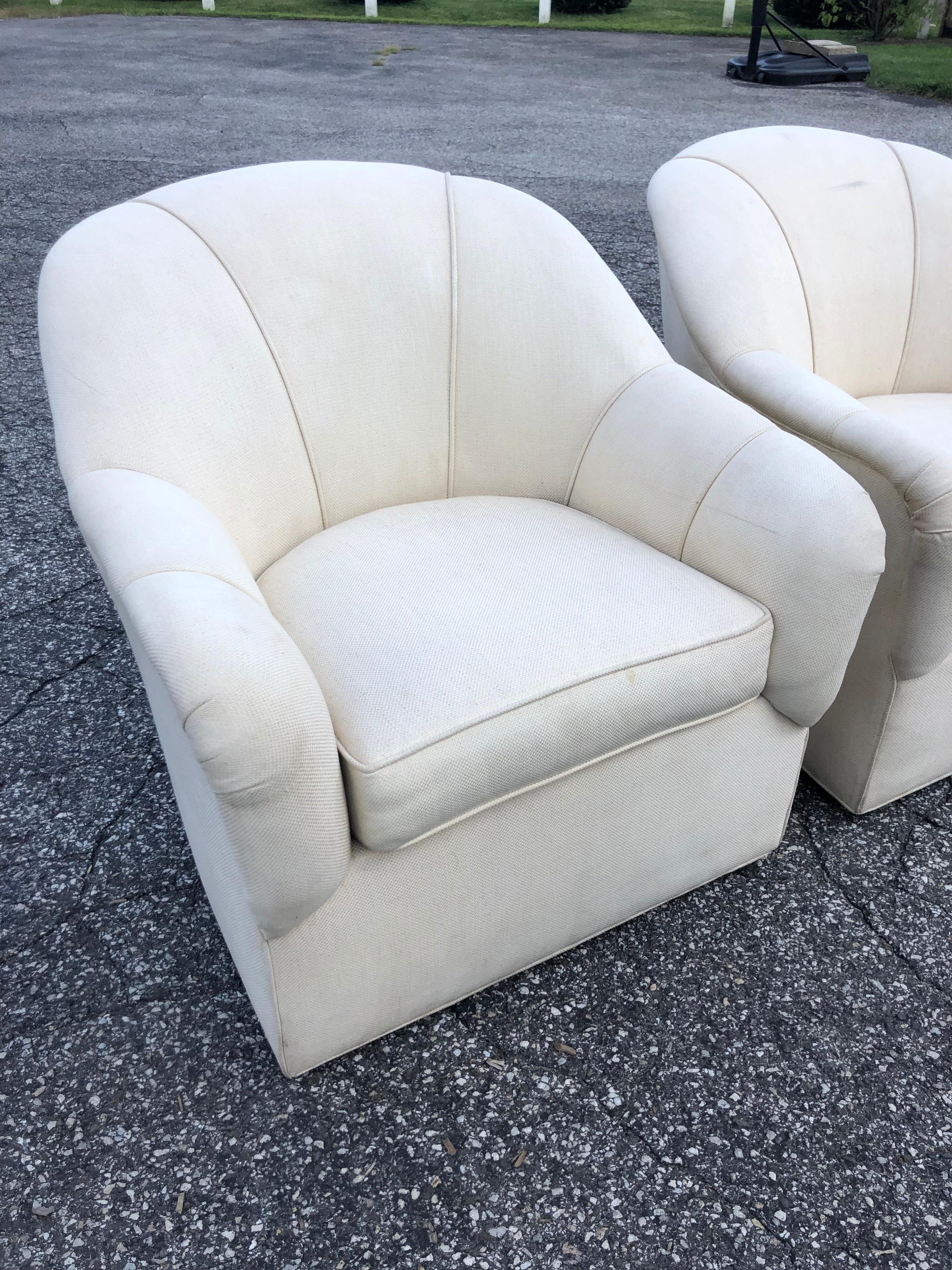 American Pair of Ethan Allen Linen Swivel Club Chairs