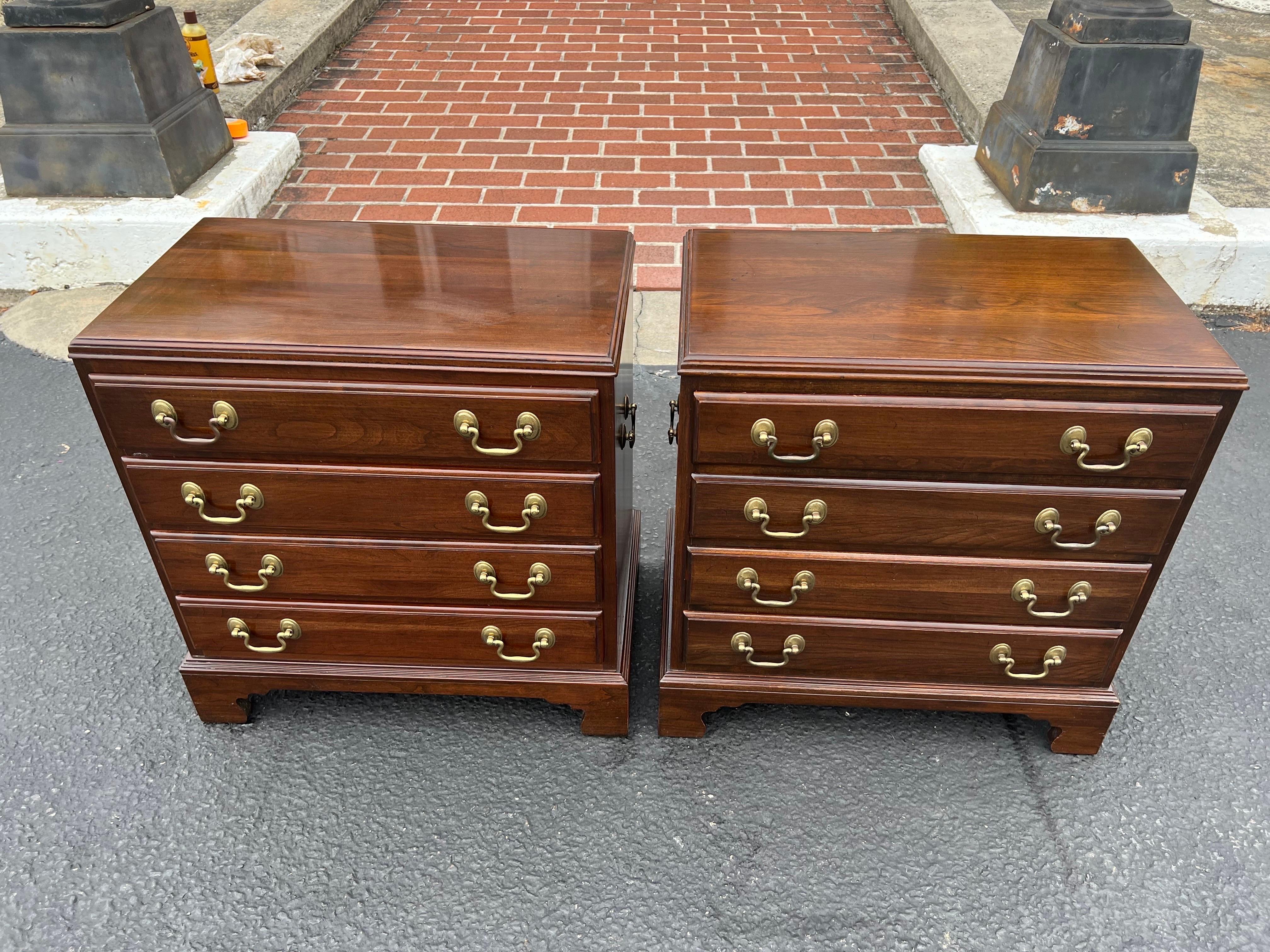 Pair of Ethan Allen Nightstands or End Tables in Mahogany . Classic thin four drawers with solid brass pulls. Timeless style and design. Please ignore the white glove quote . The 1stdibs white glove quote can be ignored as these can parcel ship for