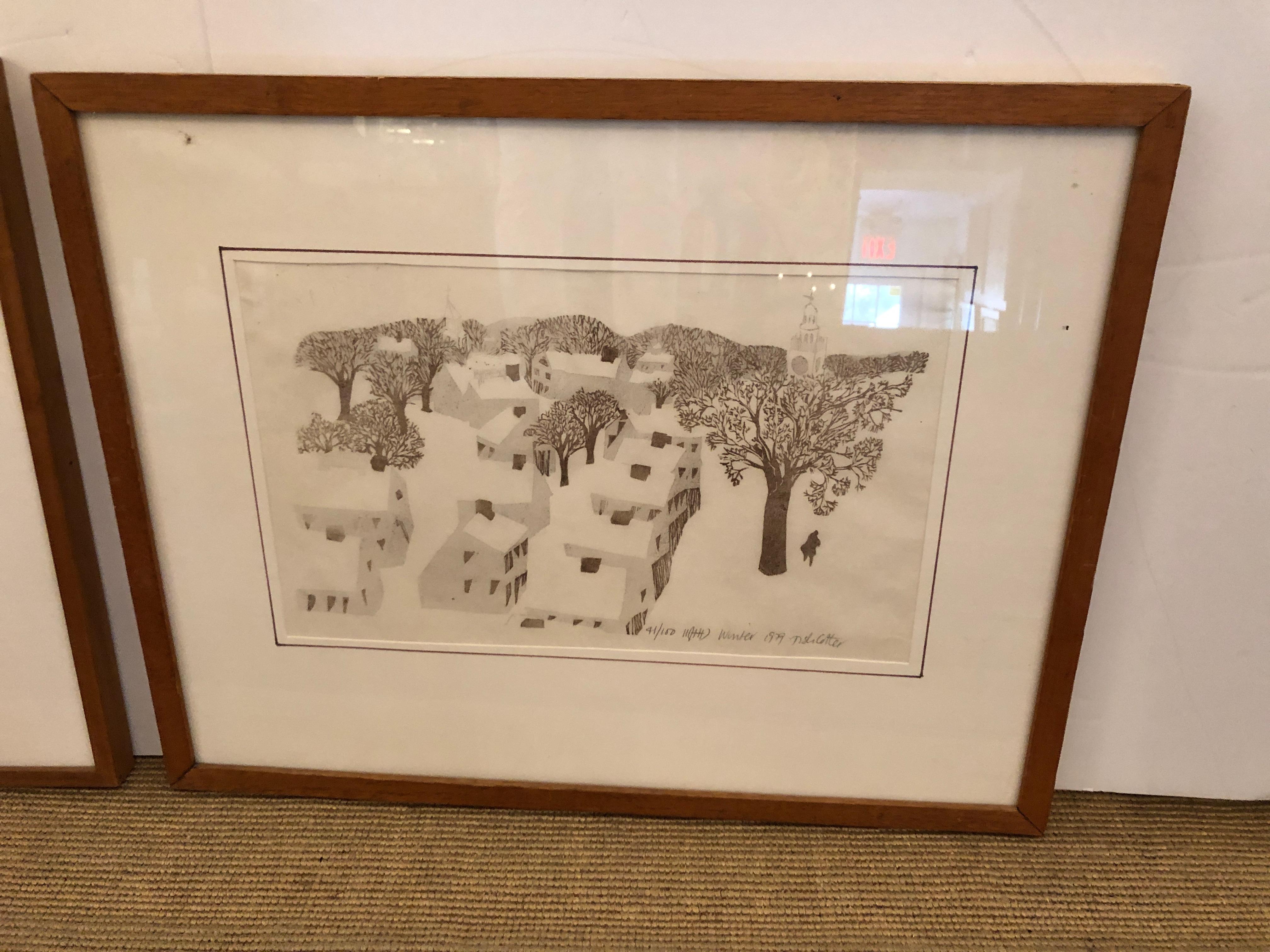 Two muted lovely limited edition etchings signed by the artist Trish Cotter. Both are scenes of her beloved Nantucket Island.
Measures: 41/100 winter 1979 23 x 18 x 1.5
41/83 silver morning 1979 16.25 x 18.25 x 1.