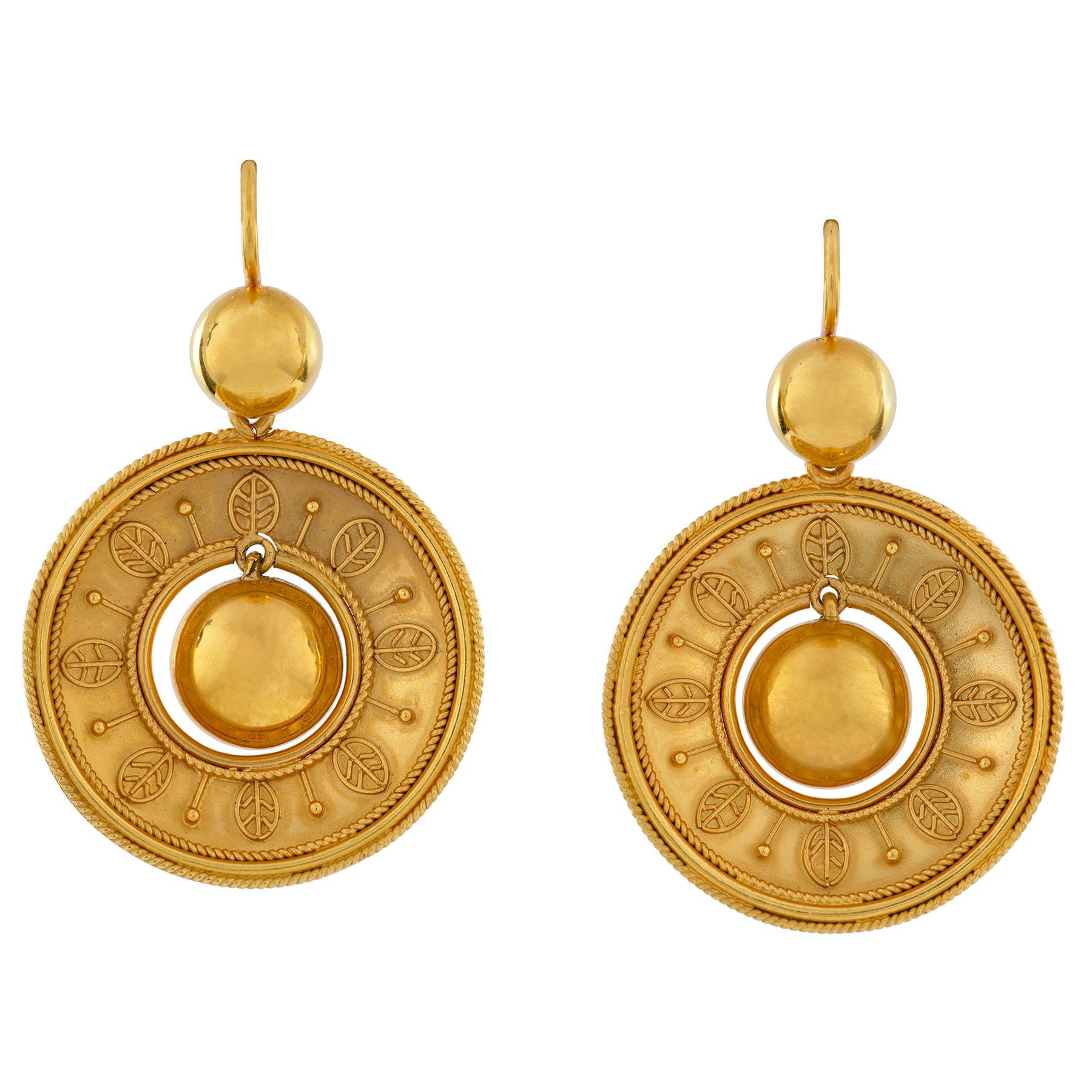 Pair of Etruscan Revival Gold Drop Earrings