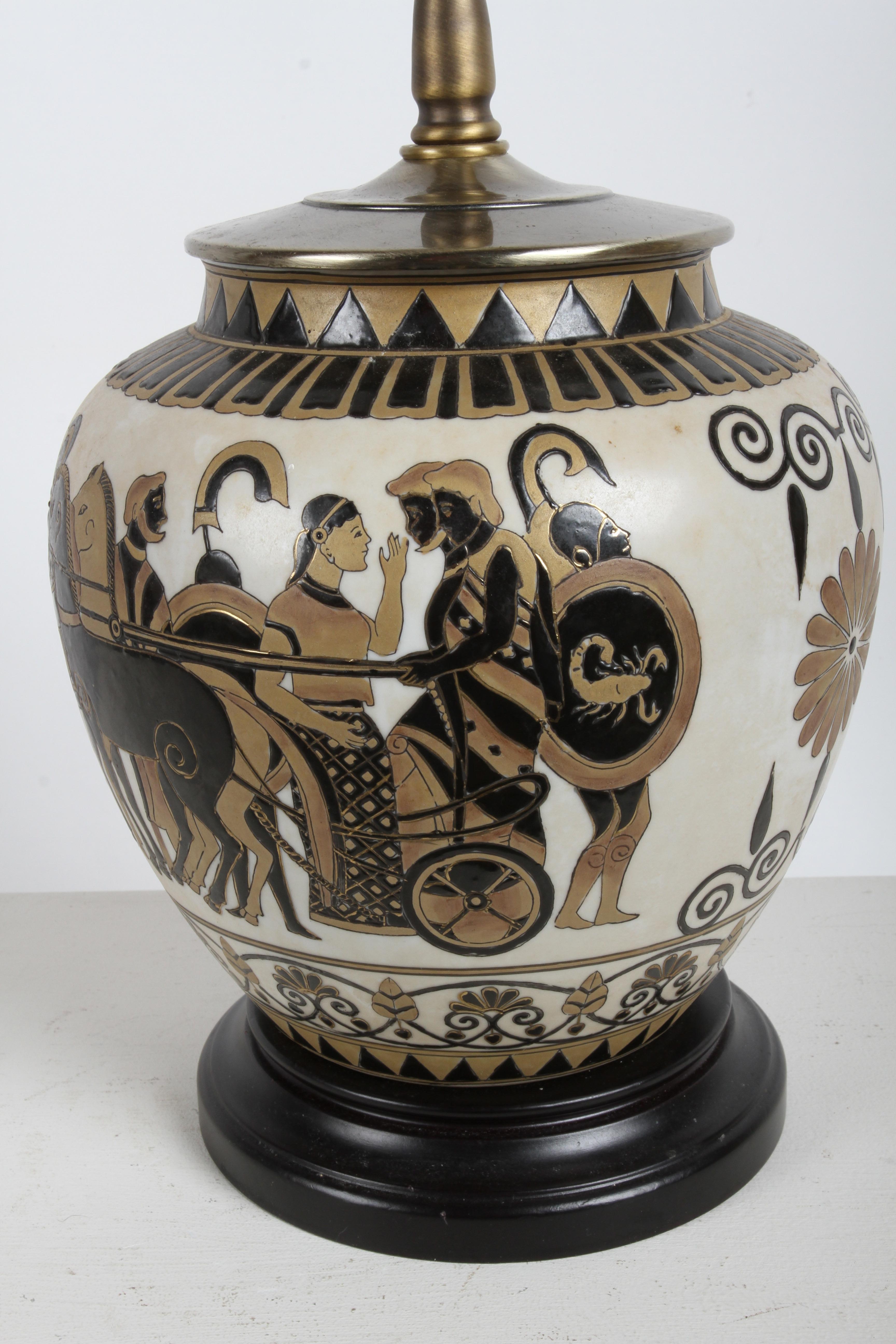 Pair of Etruscan Style Art Table Urn Lamps Hand-Painted Incised Greek Motifs For Sale 3