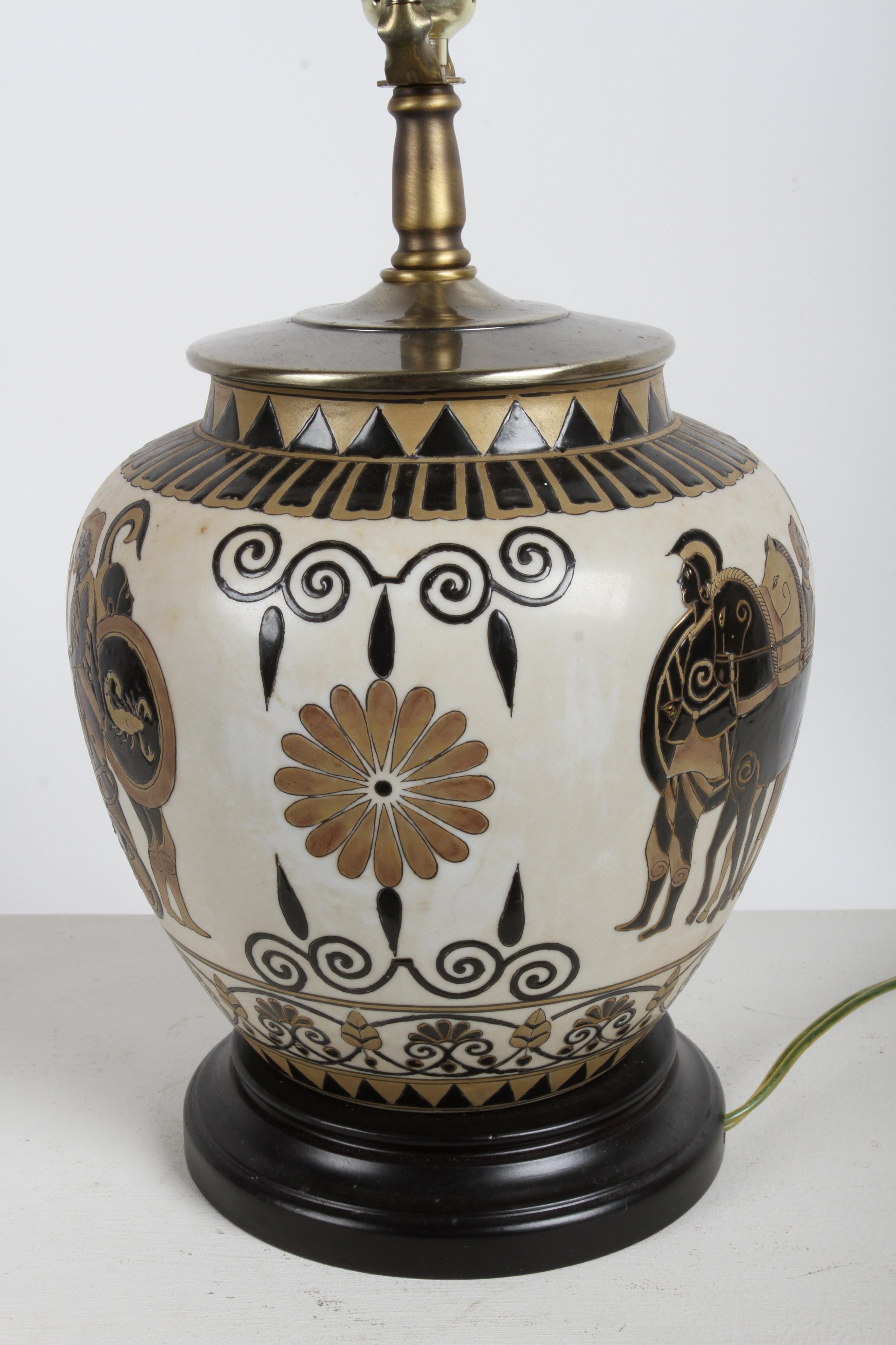 Pair of Etruscan Style Art Table Urn Lamps Hand-Painted Incised Greek Motifs For Sale 4