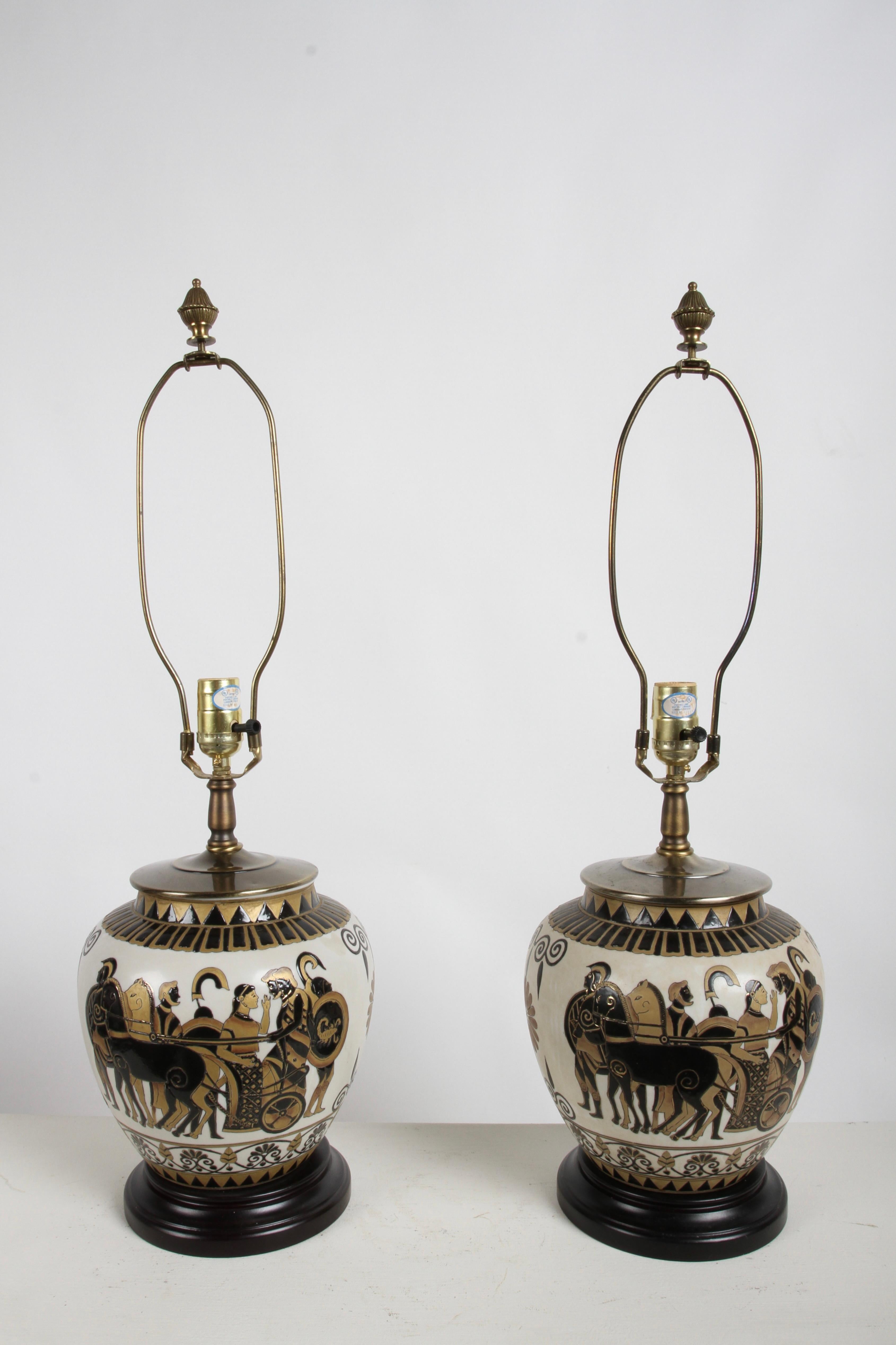 RARE pair of Etruscan style art table lamps, Urn form with Greek Motifs of warriors, horses, chariots with floral and geometric details. Possibly a recreation of a Greek Wedding theme vessel.   The uniqueness of these lamps, is the Intricate Gold