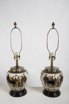 Pair of Etruscan Style Art Table Urn Lamps Hand-Painted Incised Greek Motifs