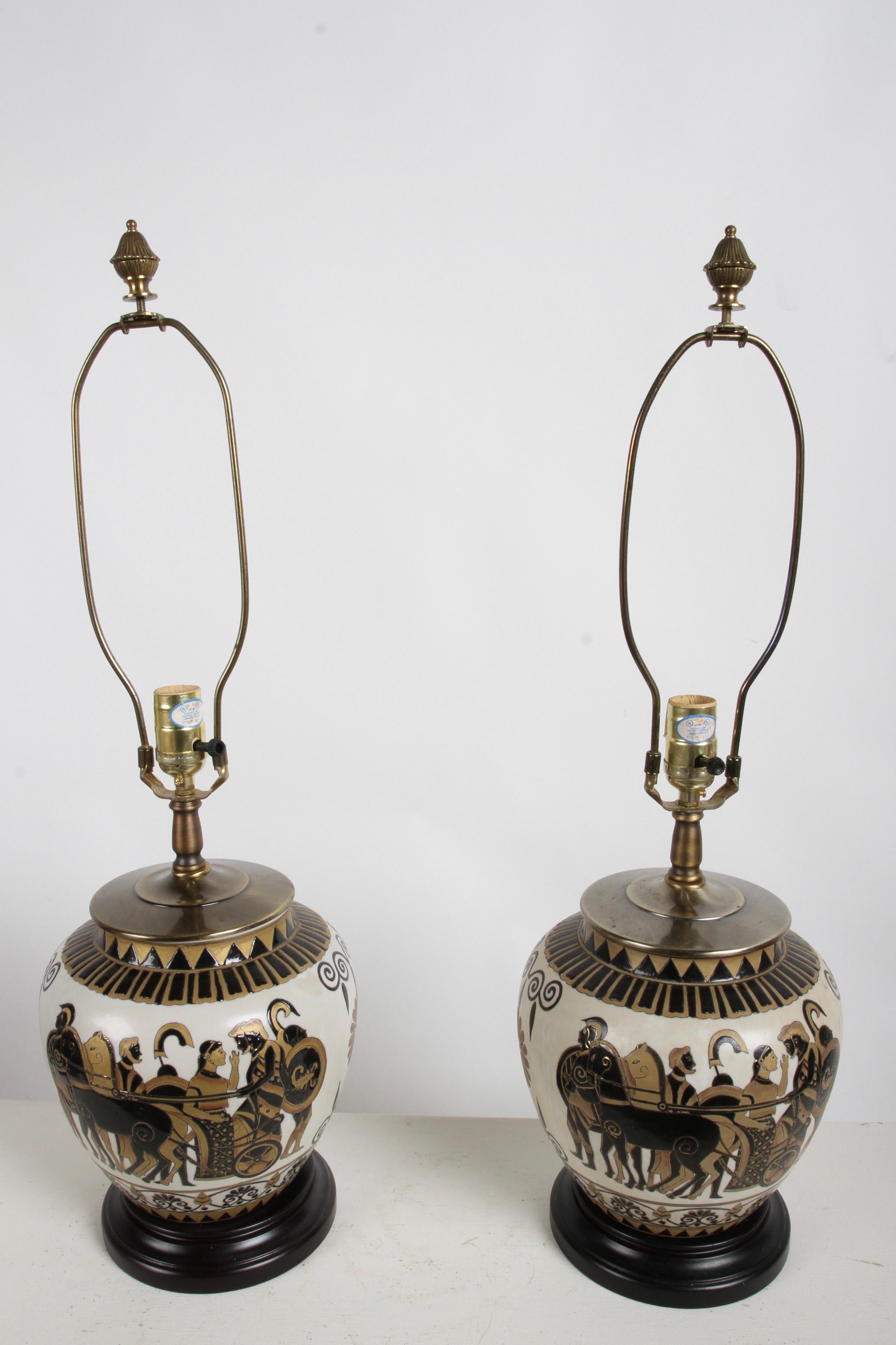Classical Greek Pair of Etruscan Style Art Table Urn Lamps Hand-Painted Incised Greek Motifs For Sale