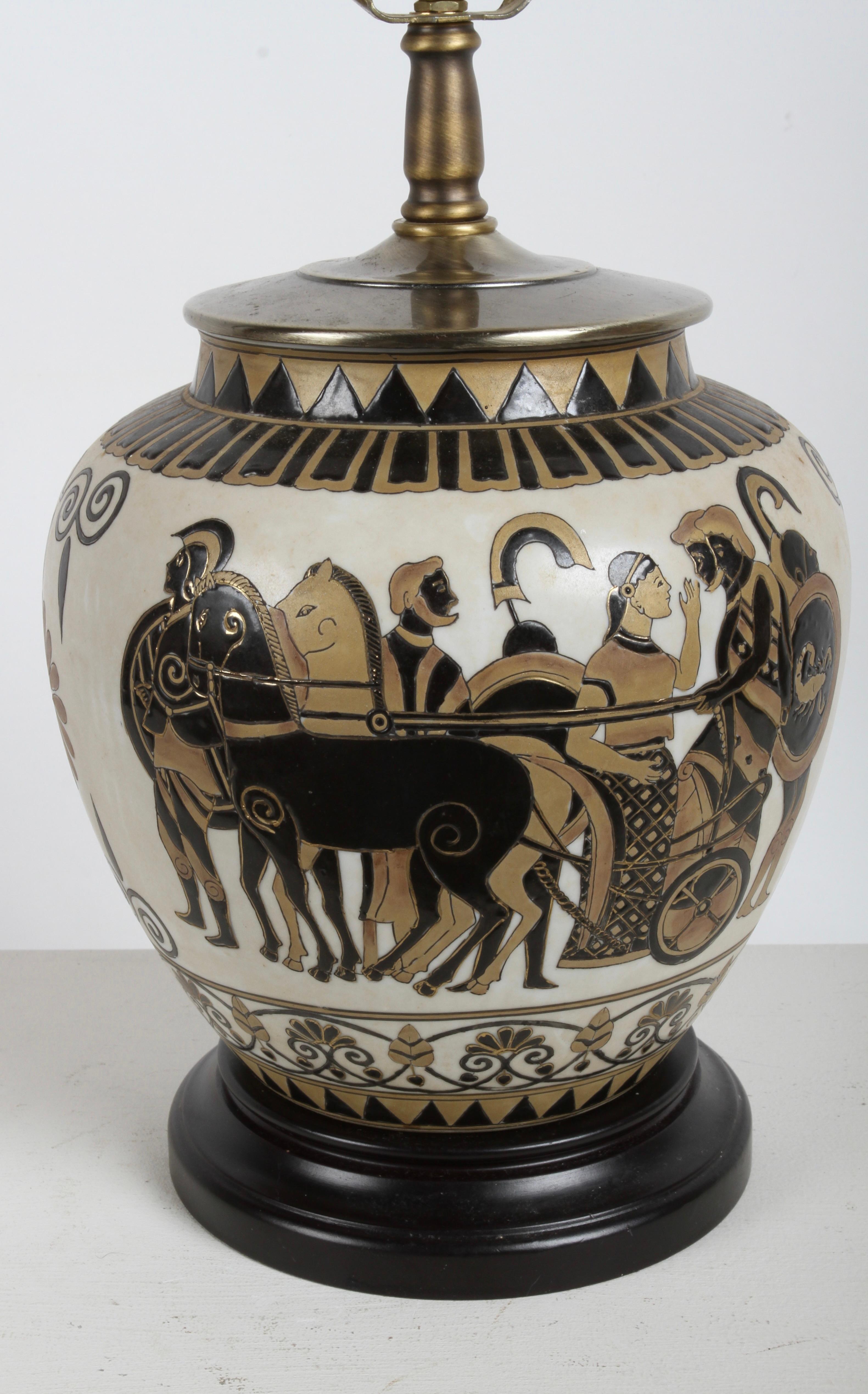 Glazed Pair of Etruscan Style Art Table Urn Lamps Hand-Painted Incised Greek Motifs For Sale