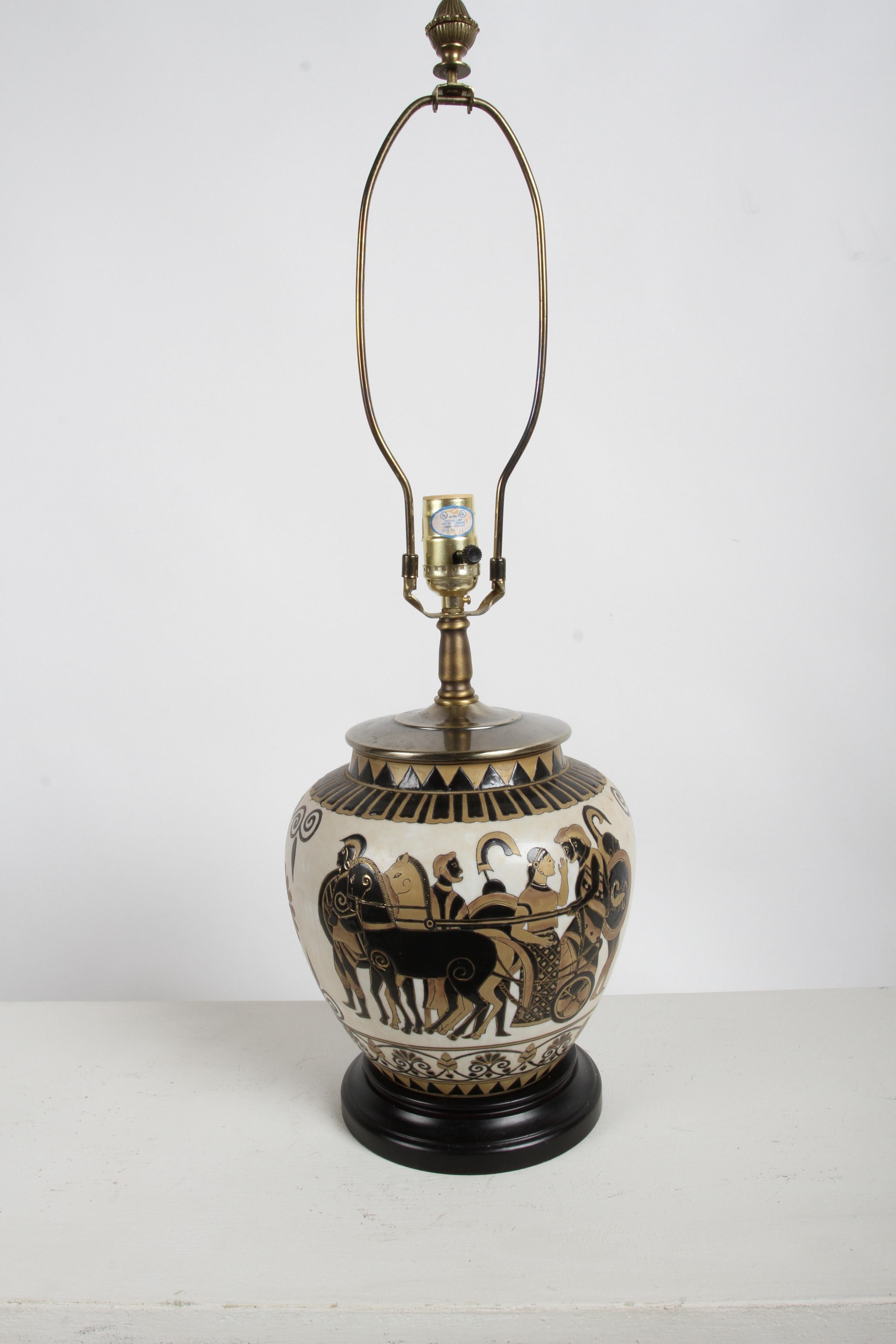 Pair of Etruscan Style Art Table Urn Lamps Hand-Painted Incised Greek Motifs In Good Condition For Sale In St. Louis, MO