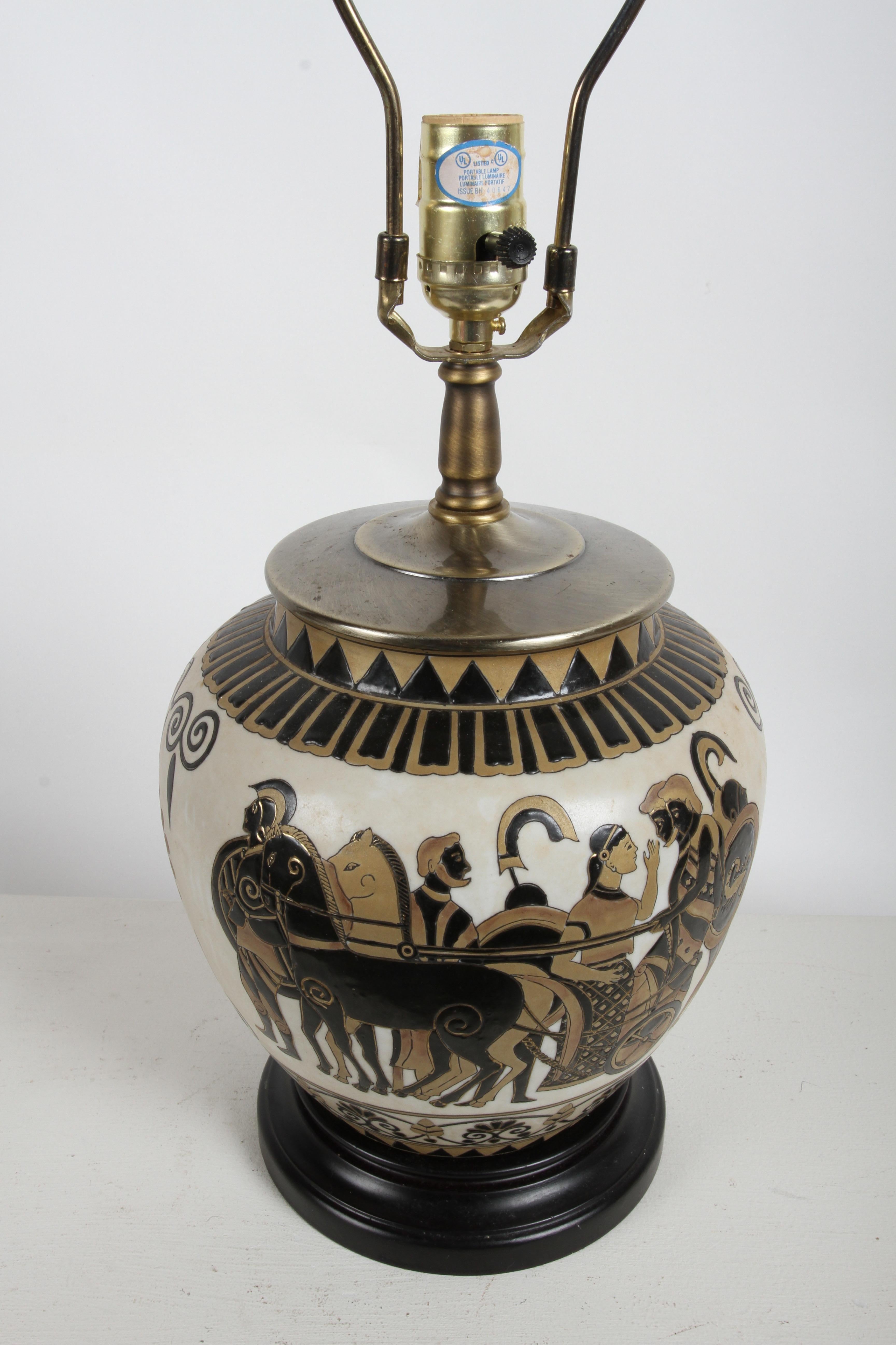 Brass Pair of Etruscan Style Art Table Urn Lamps Hand-Painted Incised Greek Motifs For Sale