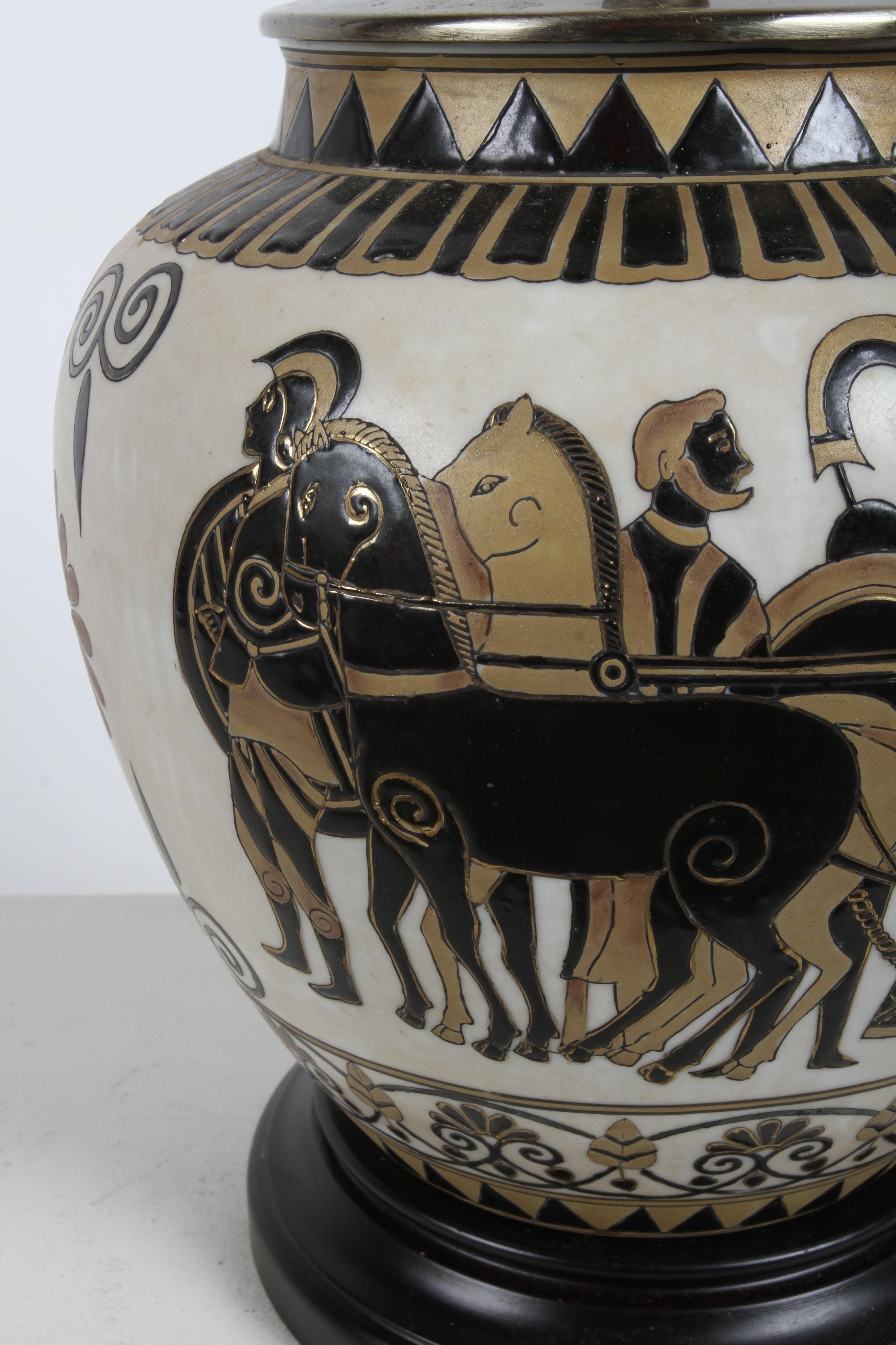 Pair of Etruscan Style Art Table Urn Lamps Hand-Painted Incised Greek Motifs For Sale 2