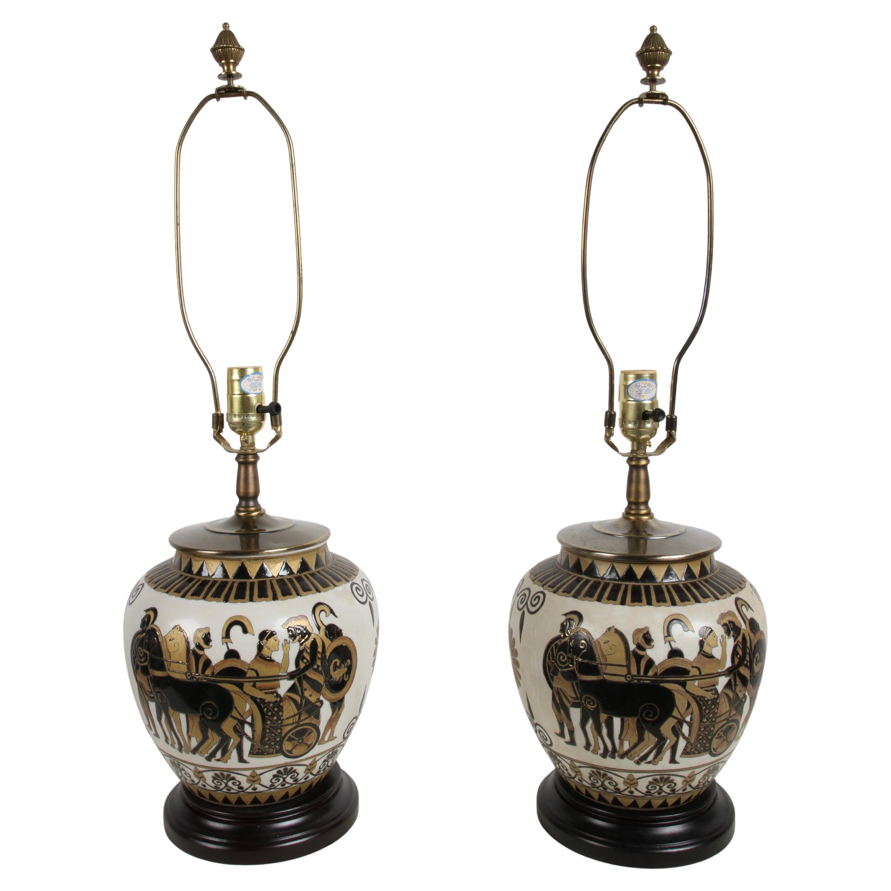 Pair of Etruscan Style Art Table Urn Lamps Hand-Painted Incised Greek Motifs For Sale