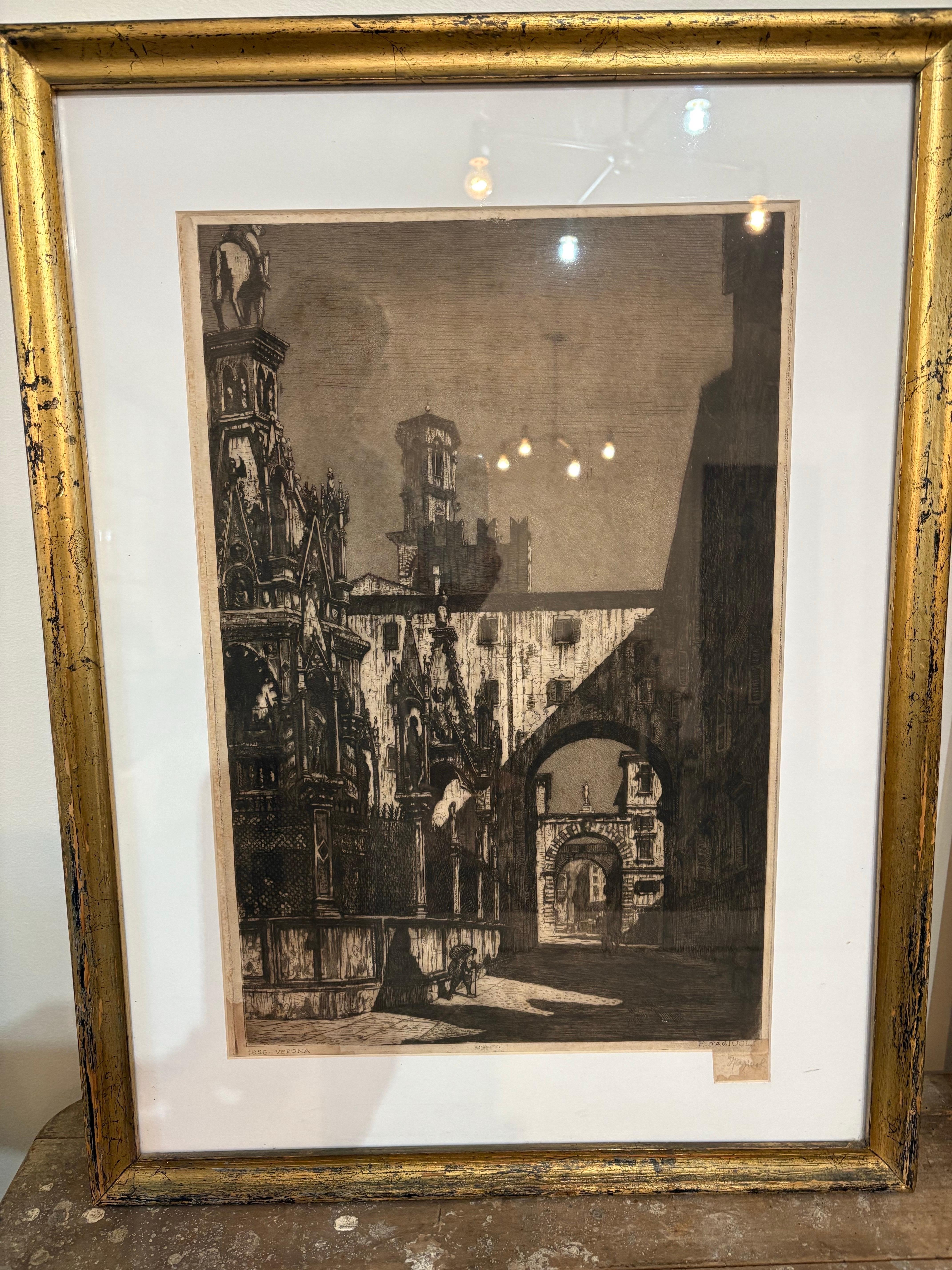 International Style Pair of Ettore Fagiuoli framed signed etchings of Venice and Verona For Sale