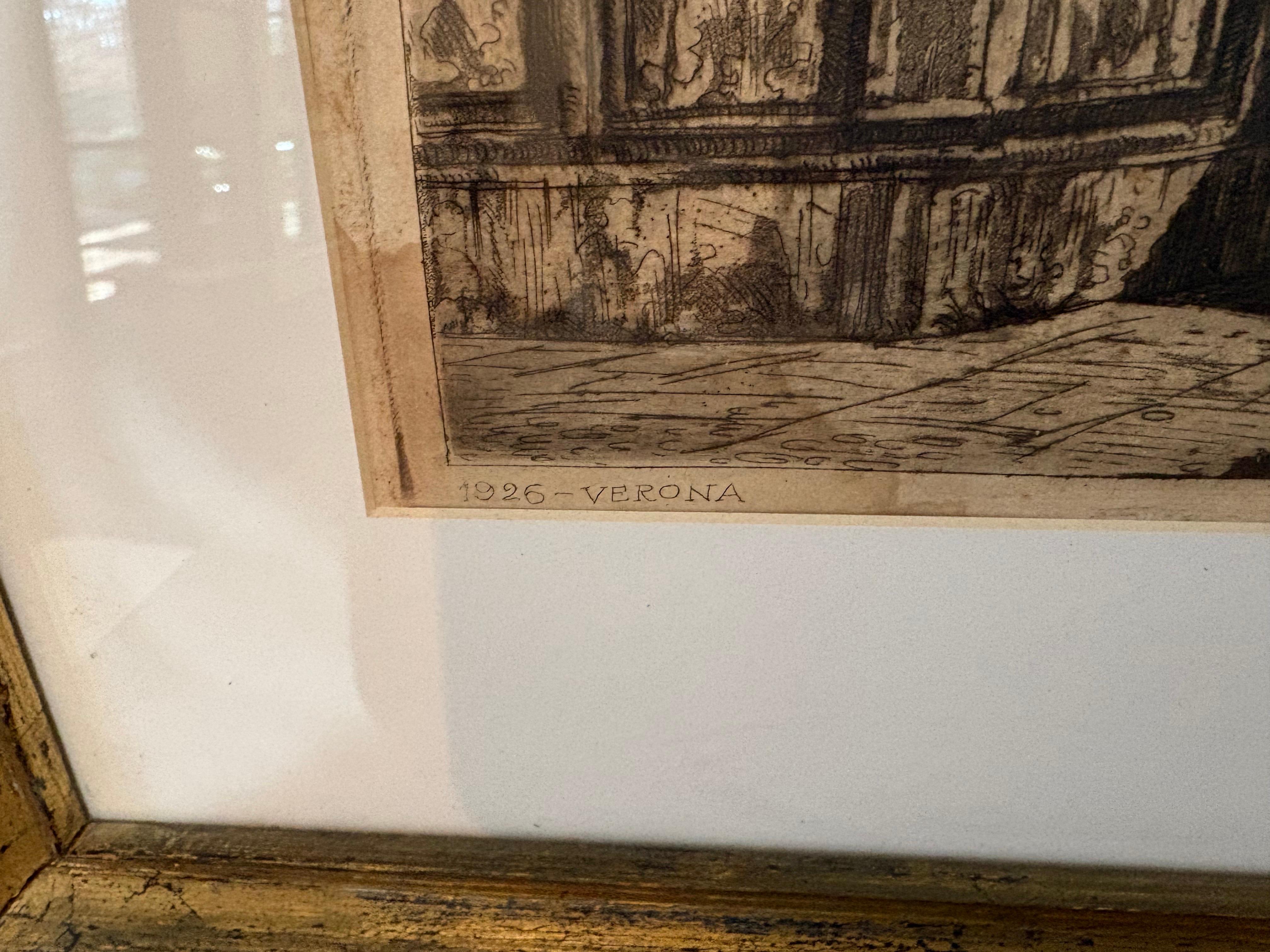 Etched Pair of Ettore Fagiuoli framed signed etchings of Venice and Verona For Sale